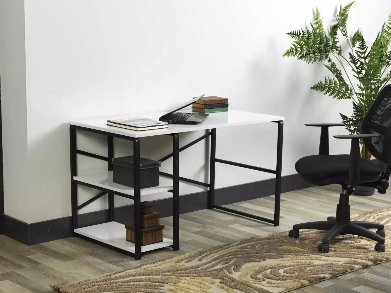 Homiyad 47 Inch White Wood Top Black Metal Frame Writing Desk 2 Shelves