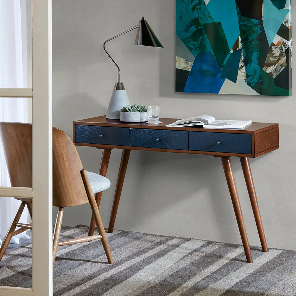 3 Drawer Writing Desk Pecan Blue Wood Study Desk Home Office jla