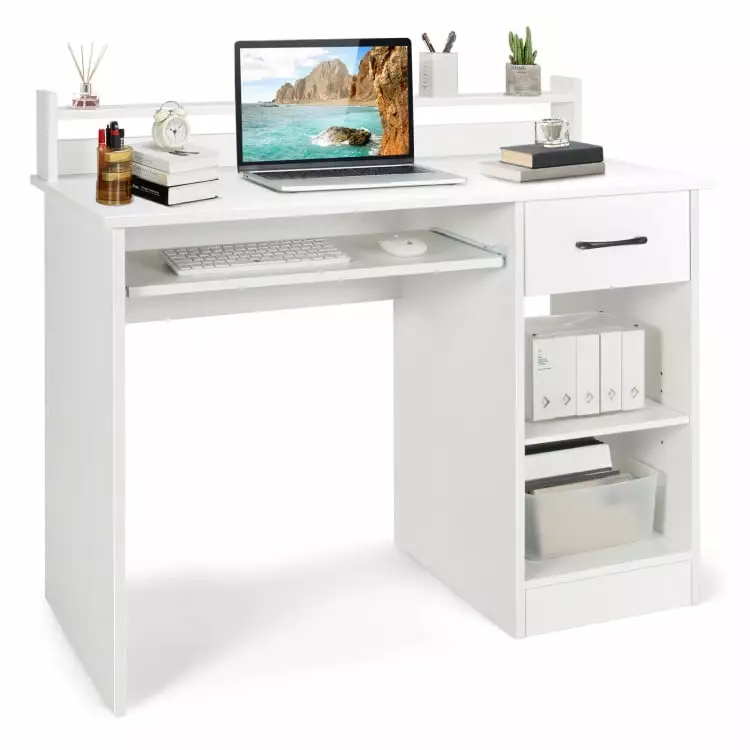 Kadyn Writing Study Desk Computer Laptop Workstation Drawer Keyboard Tray White
