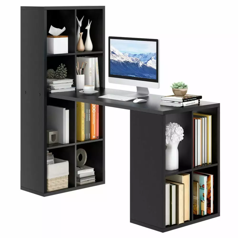 Kadyn Writing Study Desk - Modern Computer Desk 12 Cubes Bookshelf - Black Laptop Workstation