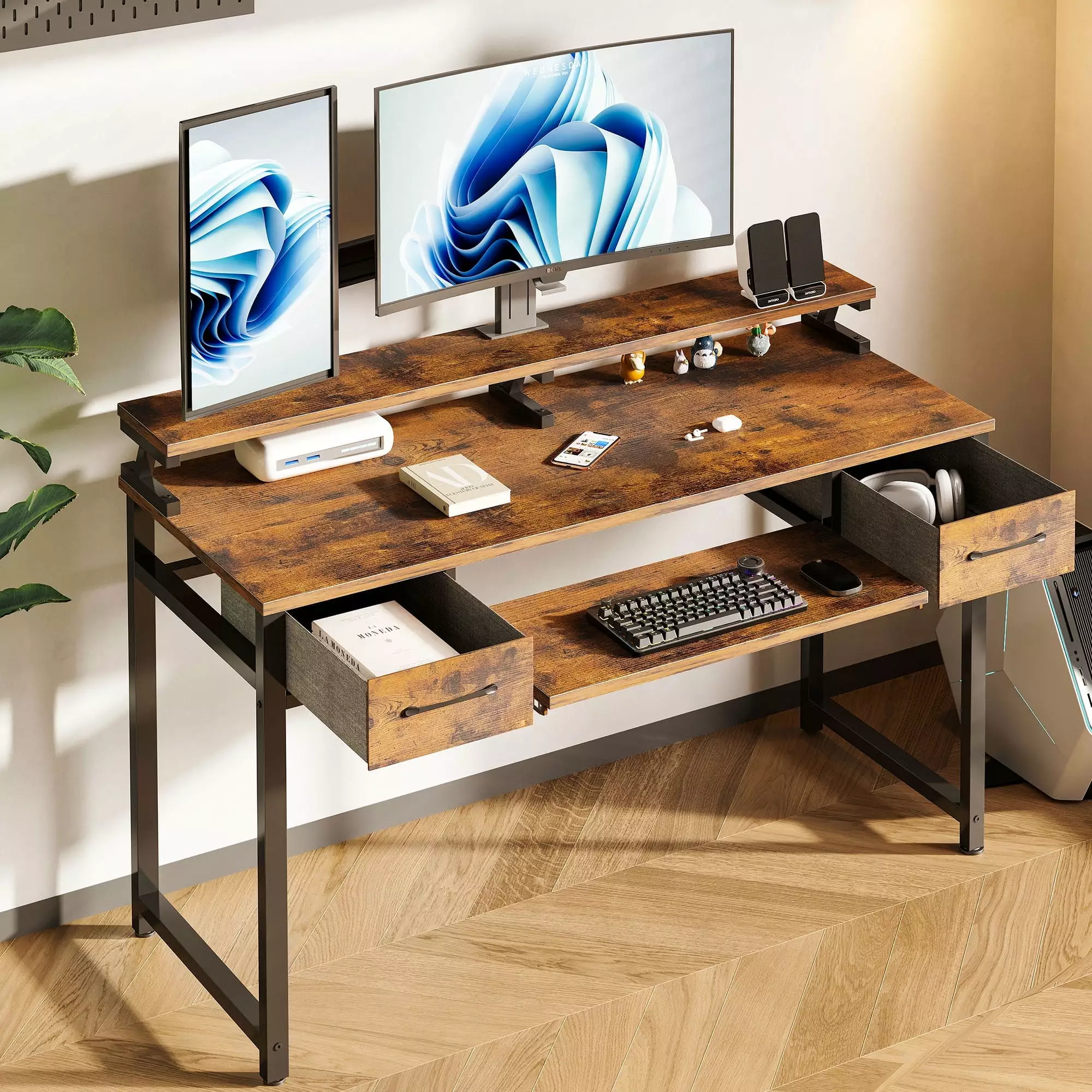 48 Inch Computer Desk Keyboard Tray Modern Home Office Desk Shelf and Drawers Rustic Brown KKL