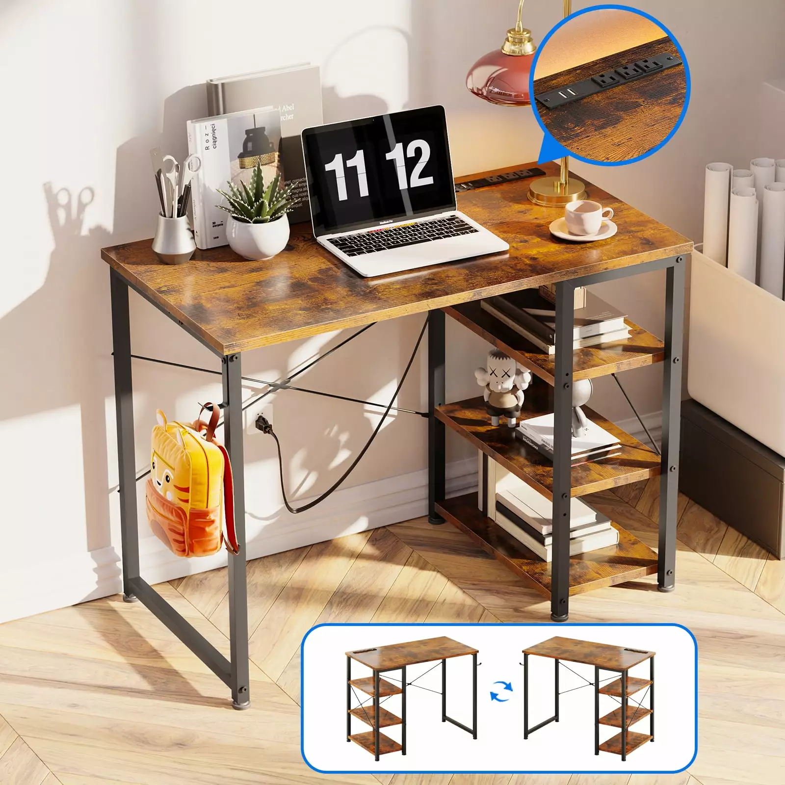Modern Writing Desk 3 Tier Shelves Small Space Computer Table Power Outlet USB Charging Vintage KKL