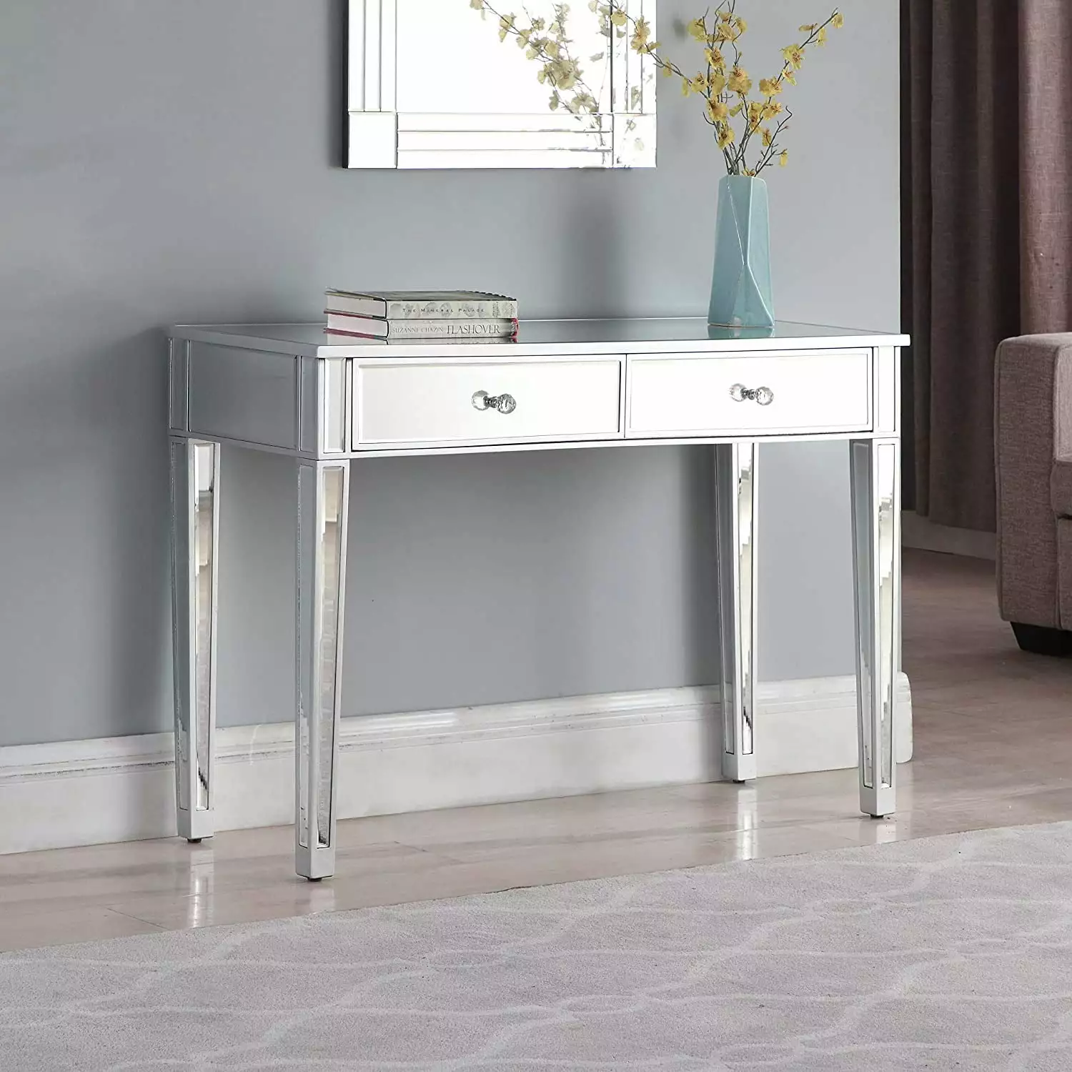 Ktaxon Mirrored Computer Desk 2 Drawers Home Office or Makeup Table Silver