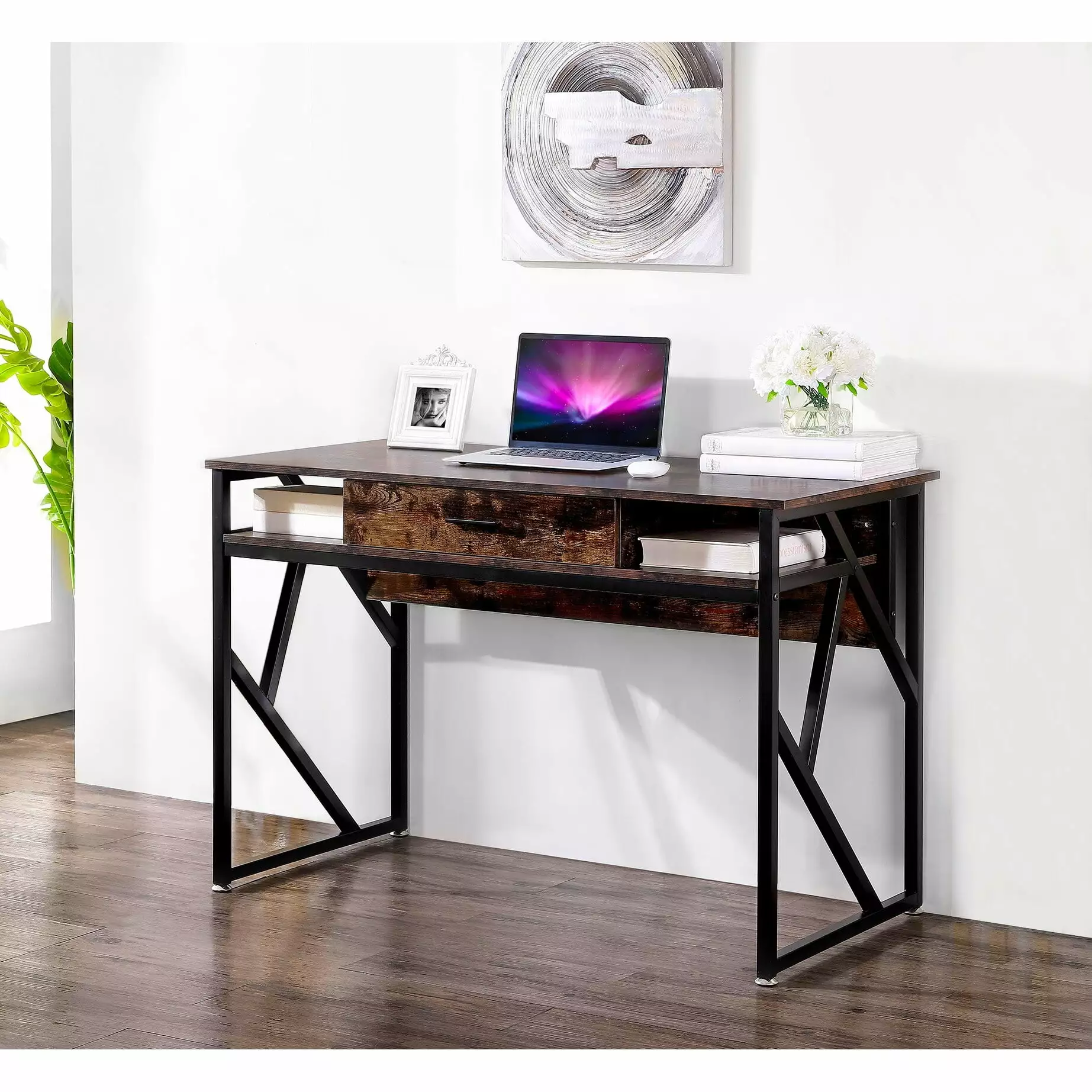 Ledel Farmhouse Writing Desk Storage Drawer and Shelf Rustic Design