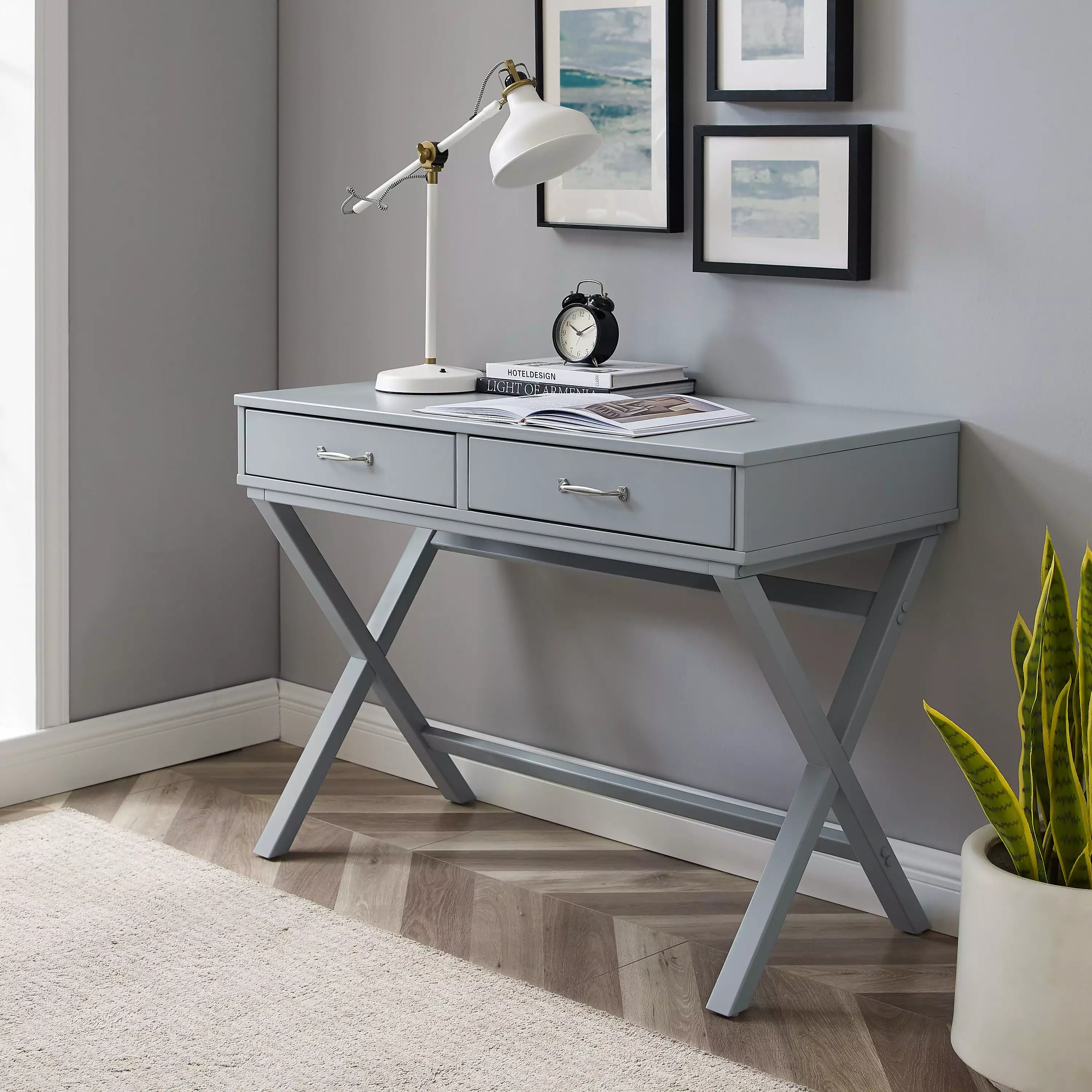Linon Penney 2-Drawer Writing Desk 42 L x 20 D Gray Finish Modern Desk