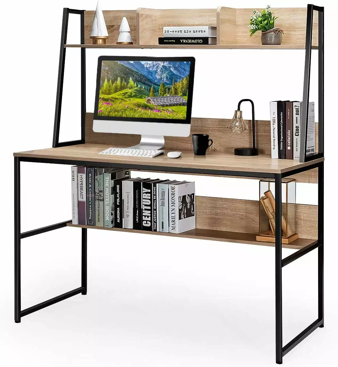 47 Inch Computer Desk Hutch and Bookshelf Space Saving Writing Study Table Home Office Desk MM