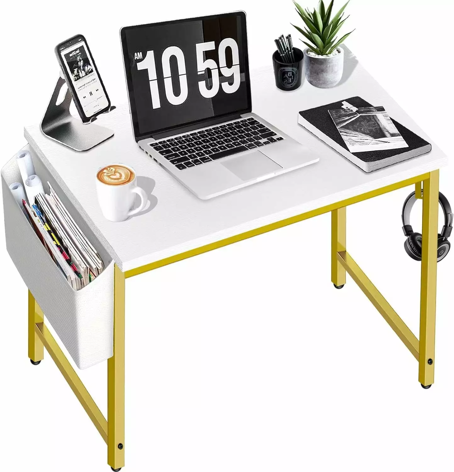 Modern Simple Home Office Writing Table Bedroom Student Teens Study Small Spaces 31 Inch White Gold NTXC2