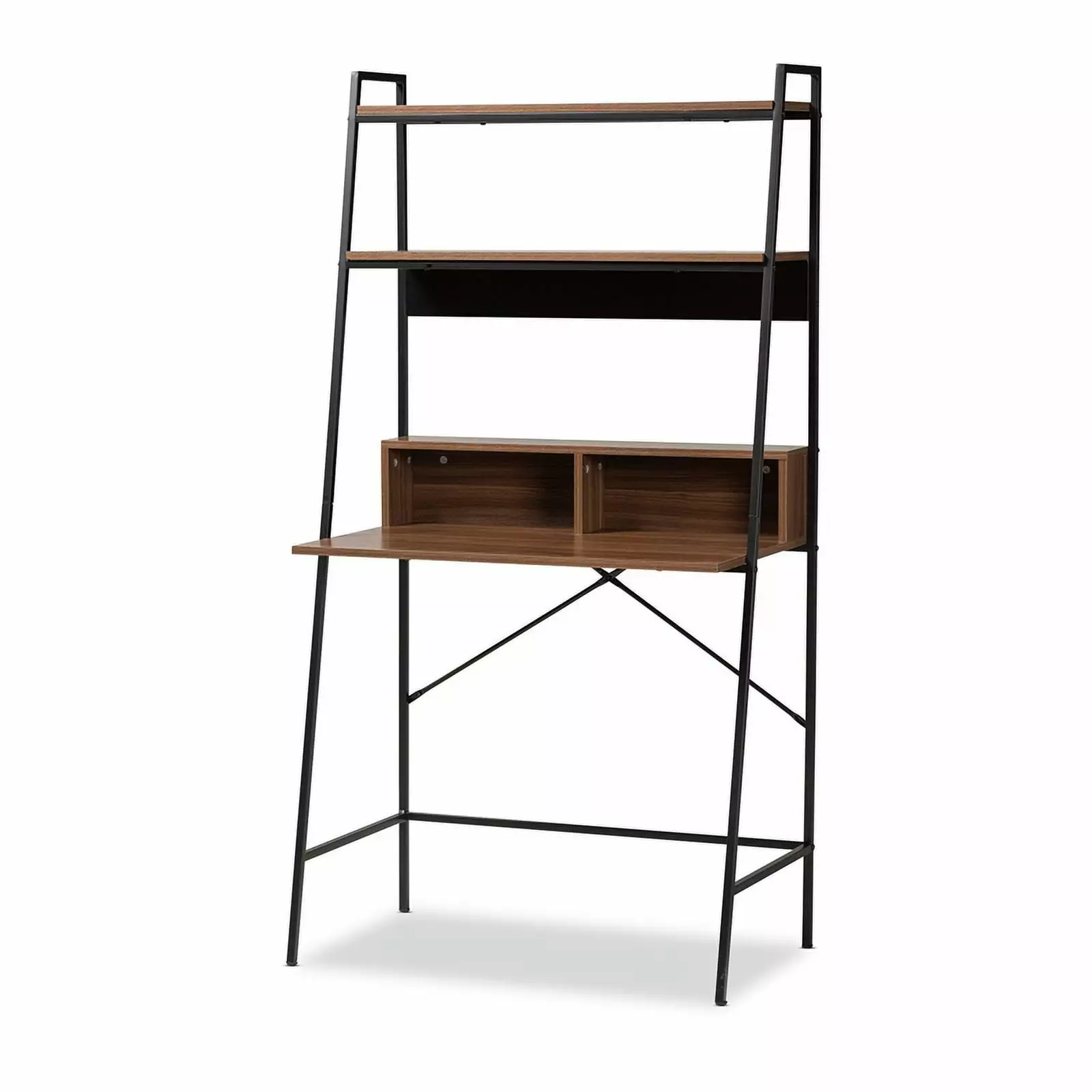 Pemberly Row Modern Brown Wood and Black Metal Desk Shelves Home Office