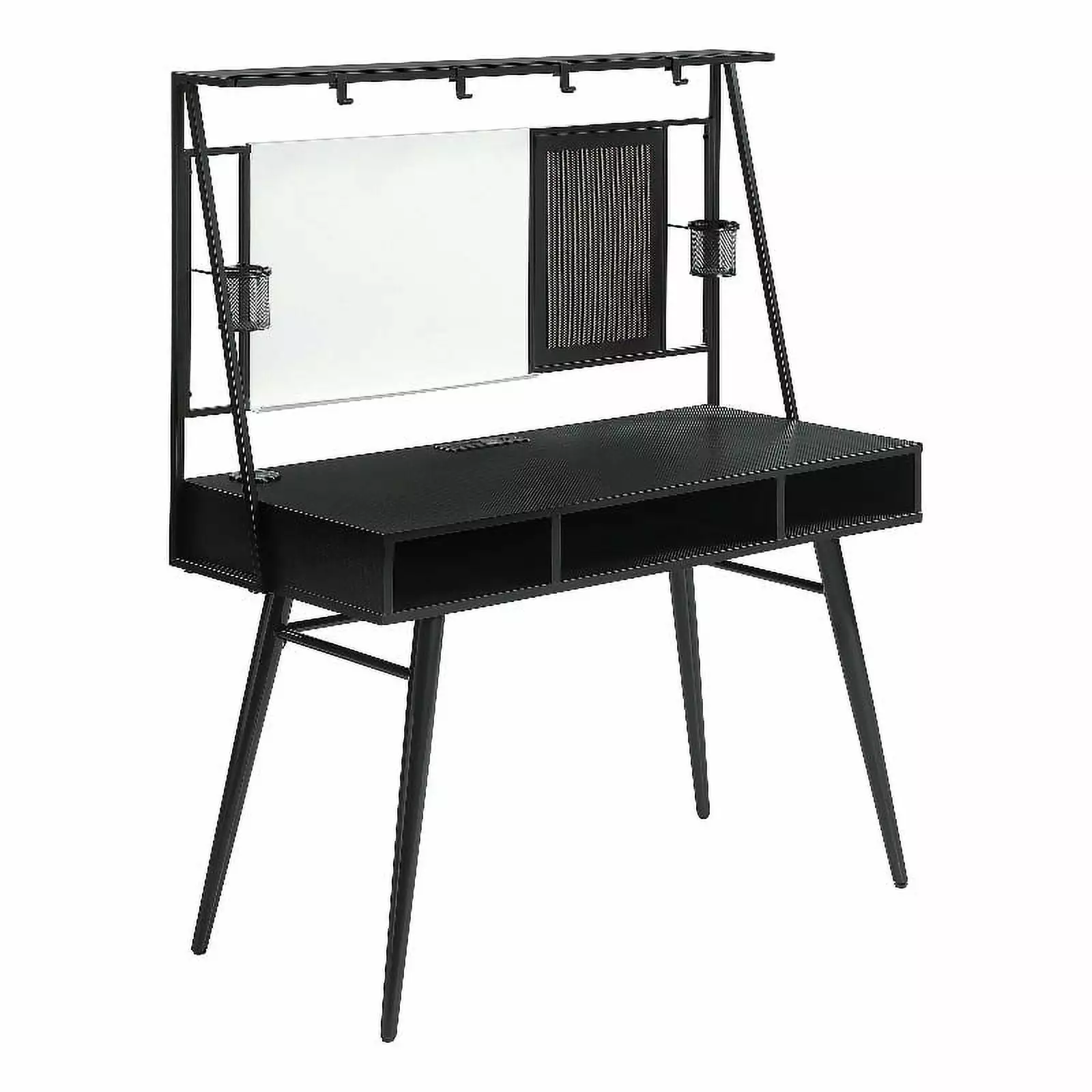 Pemberly Row Wood Writing Desk USB Ports Black and Gunmetal