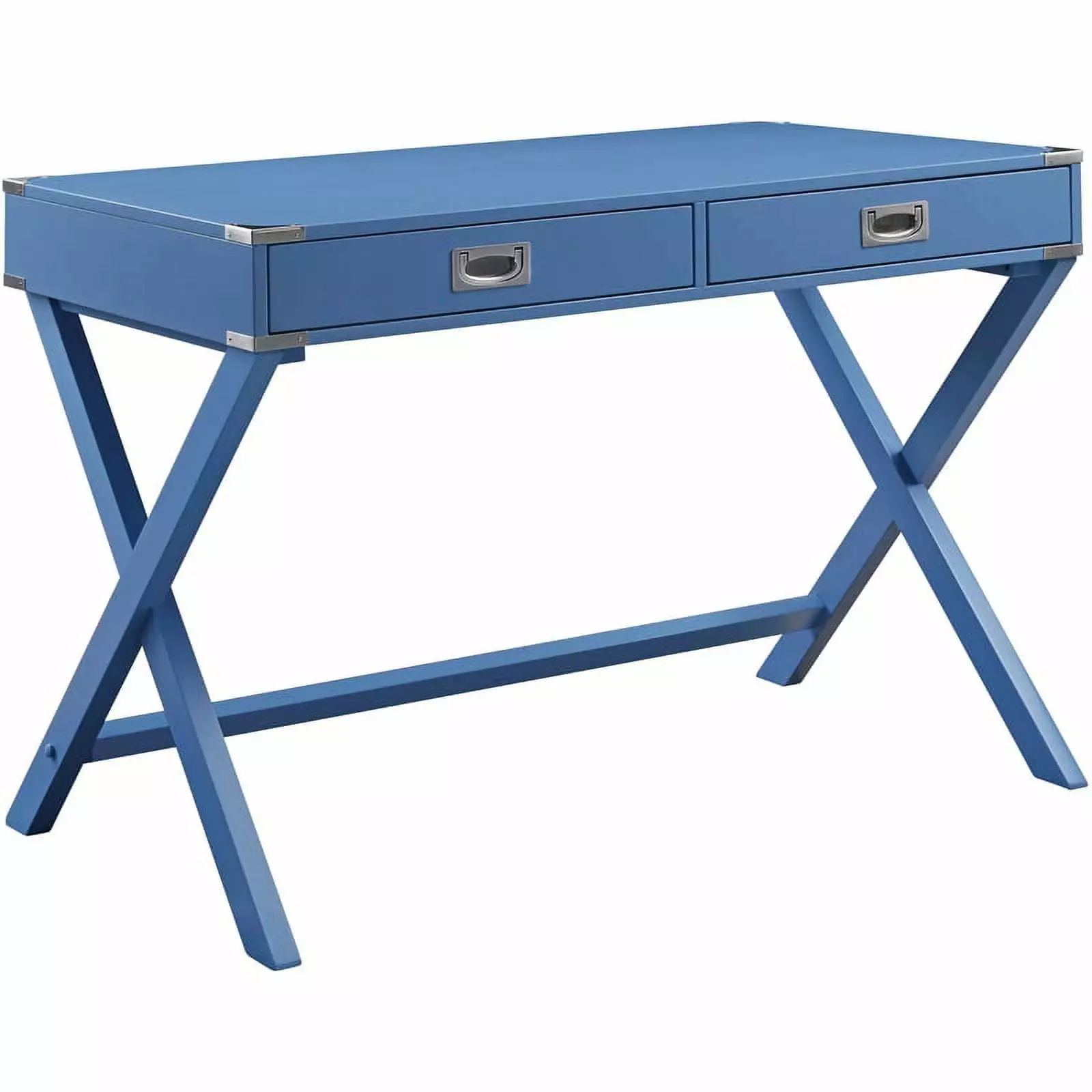 Pemberly Row Wooden Rectangular 2-Drawer Writing Desk X-Shaped Base Blue Home Office Desk