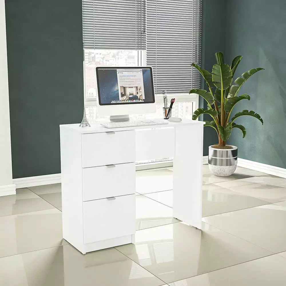 Polifurniture Cambridge 36 Inch Modern Writing Desk 3 Drawers White
