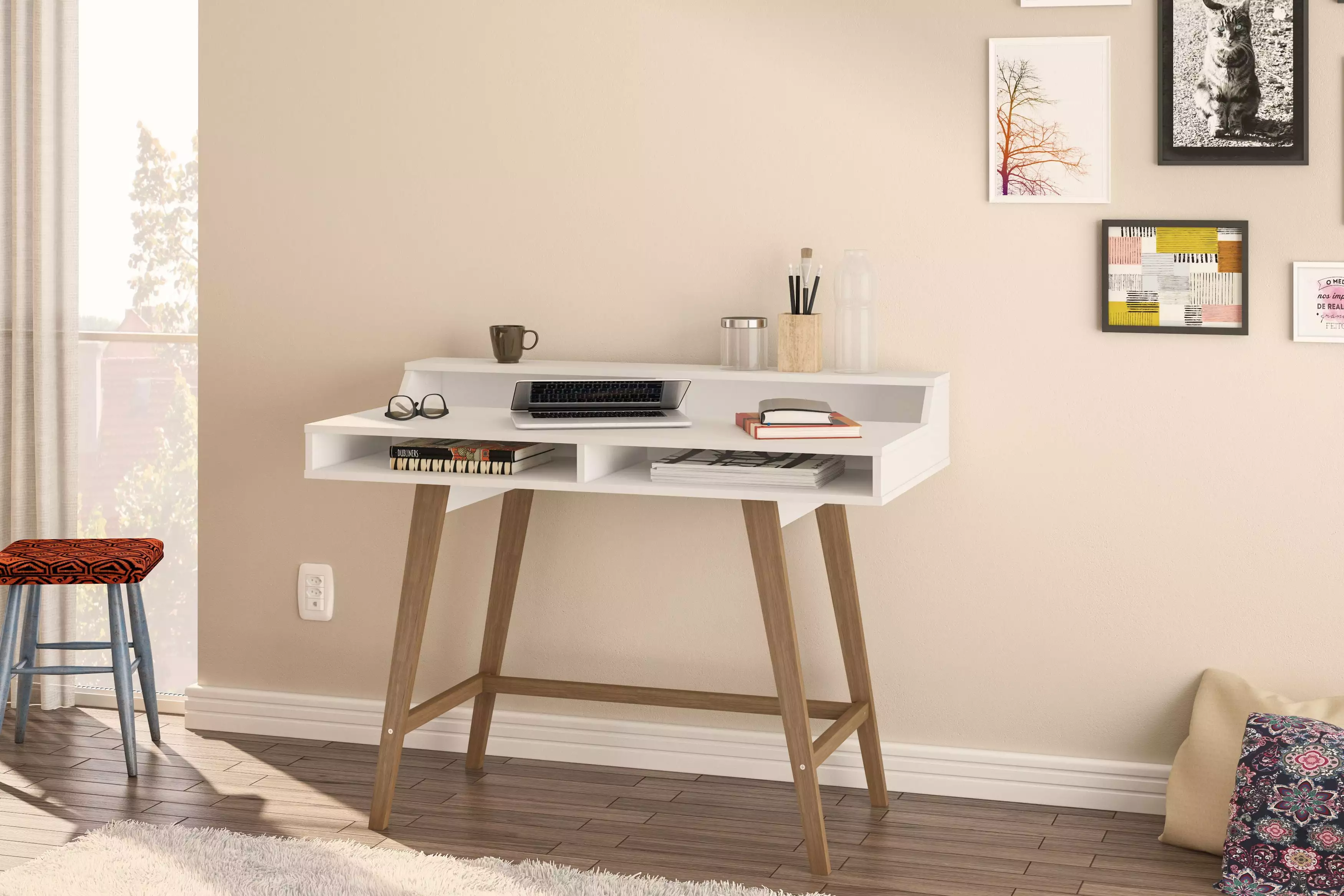 Polifurniture Hanover 45.5 Modern Writing Desk Storage White Finish