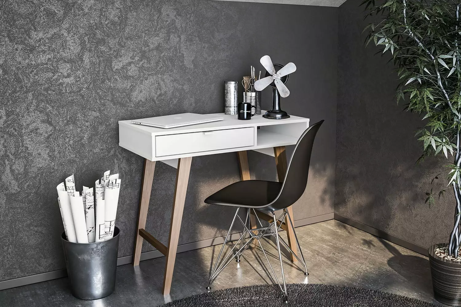 Polifurniture Windsor Modern Writing Desk Drawer White Finish
