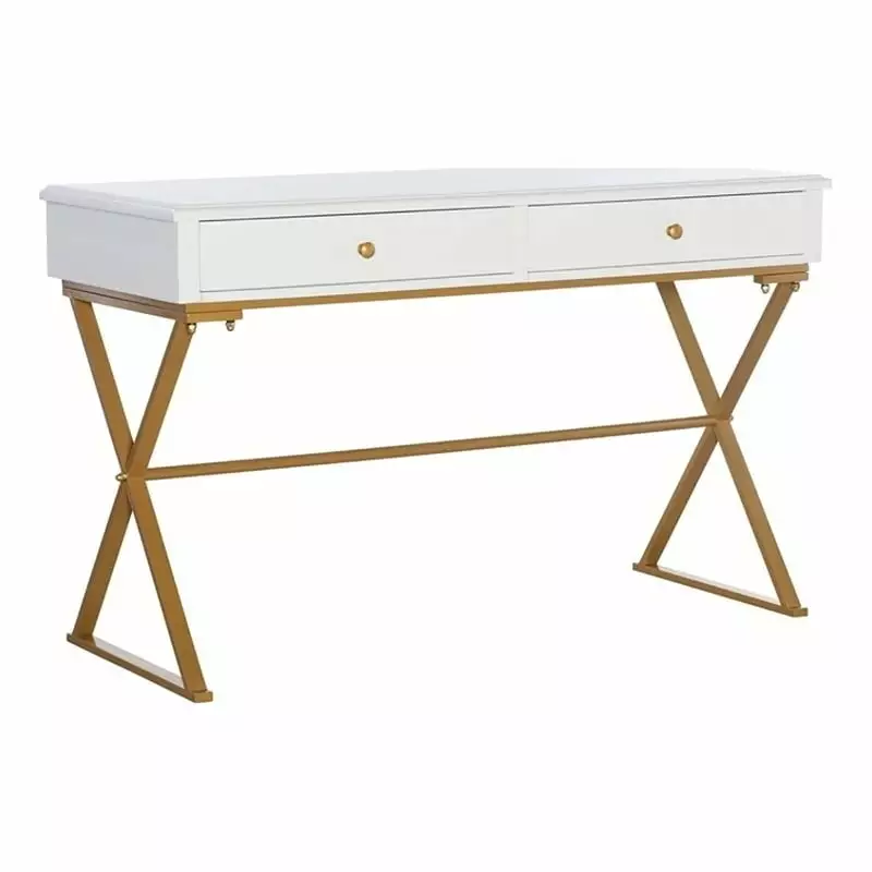 Riverbay Furniture Modern 2-Drawer Wood and Metal Desk White and Gold - Elegant Home Office Desk