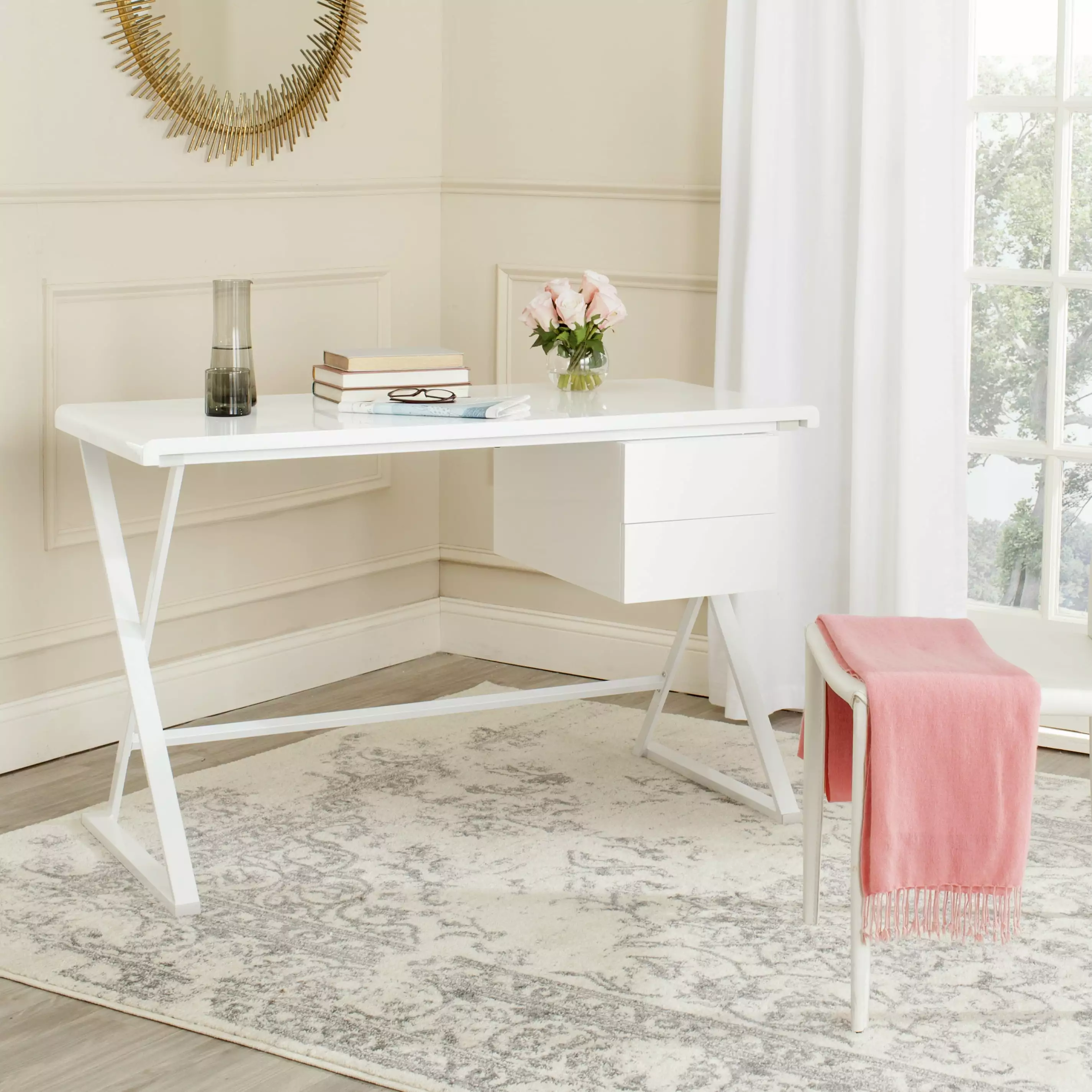 SAFAVIEH Watkins Modern Glam White Lacquer Writing Desk Home Office