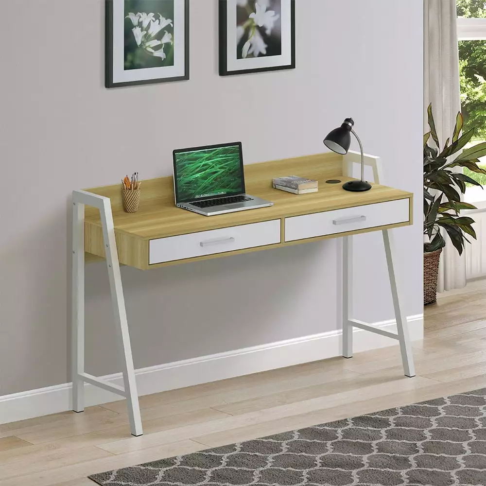 Saint Birch Fenton 2-Drawer Modern Wood Writing Desk Natural and White