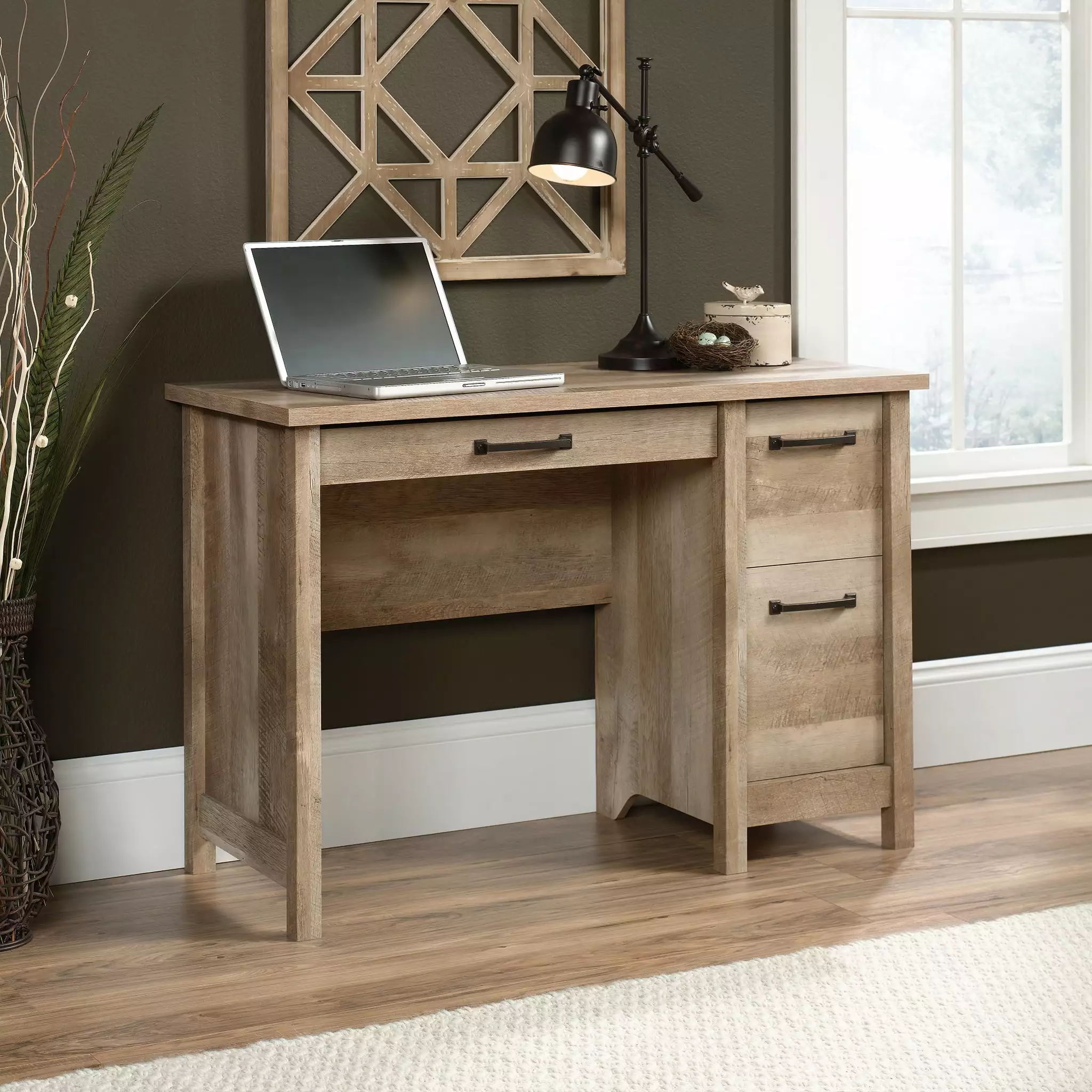 Sauder Cannery Bridge Wood Writing Desk Drawer Lintel Oak Finish