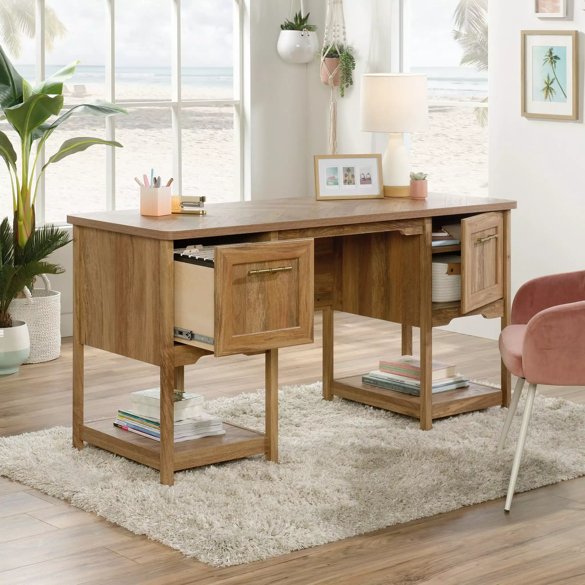 Sauder Coral Cape Desk Sindoori Mango Finish Home Office Writing Desk