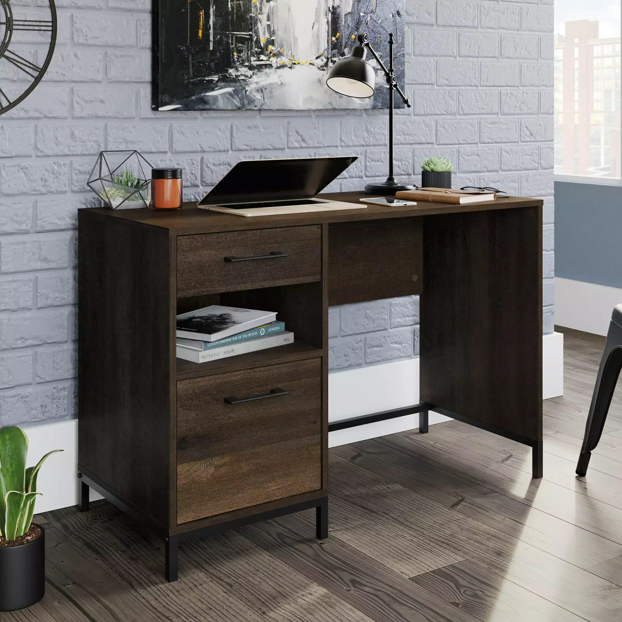 Sauder Curiod Desk Smoked Oak Finish Modern Home Office Desk