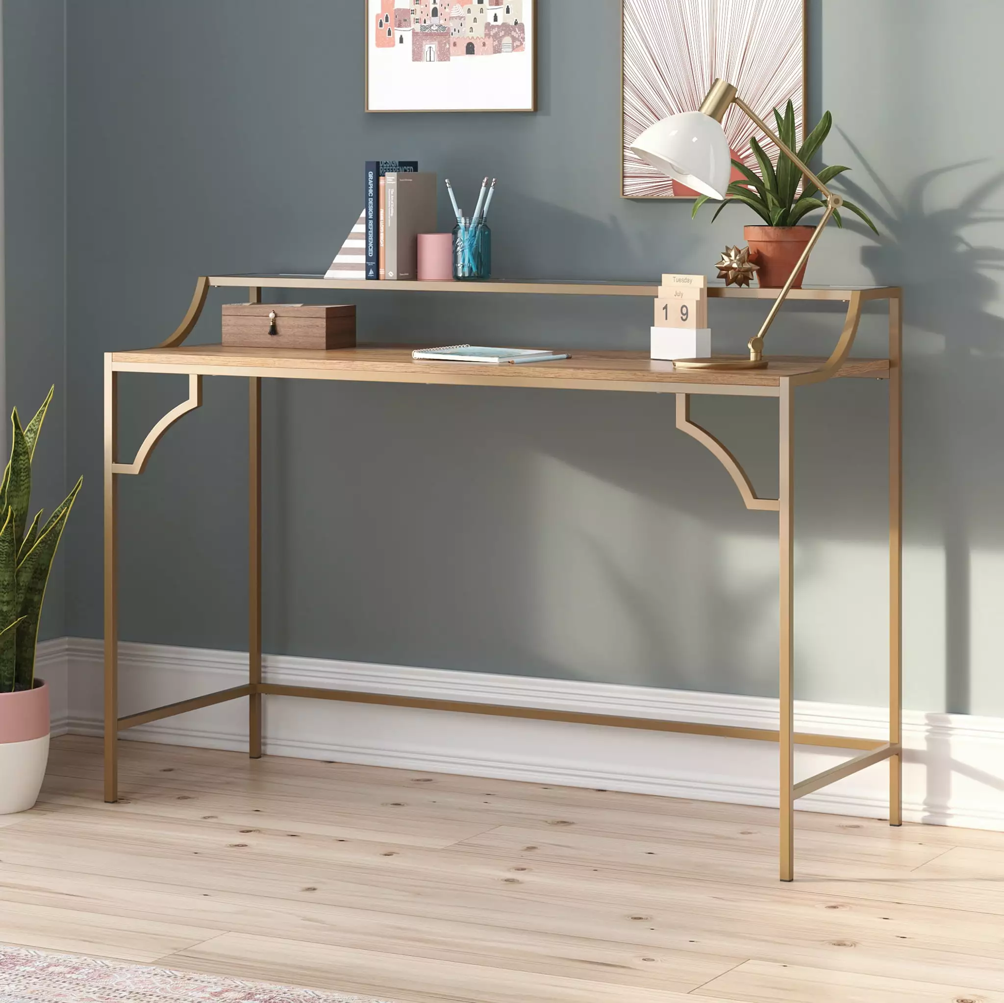 Sauder International Lux Metal & Wood Writing Desk Sindoori Mango Finish