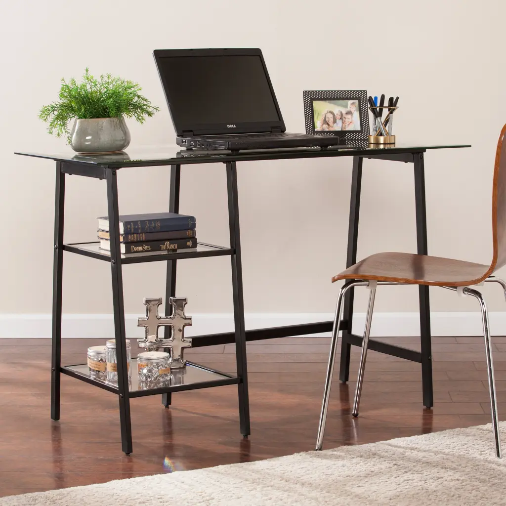 Avery Metal Glass Sawhorse Frame Writing Desk Black Black Iron sei
