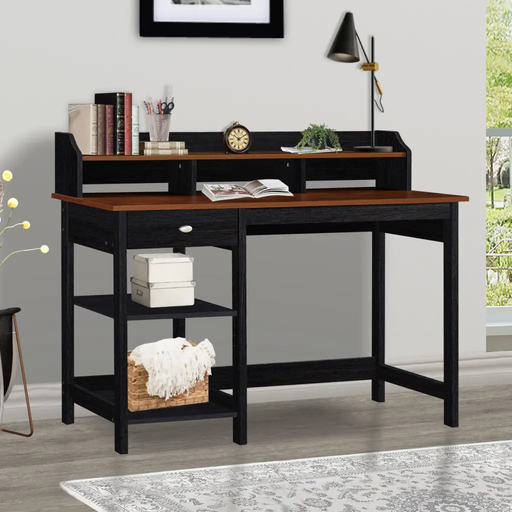 47" Writing Desk Hutch Teak And Black Oak Dual Tone Desk Spacious Workstation singularity