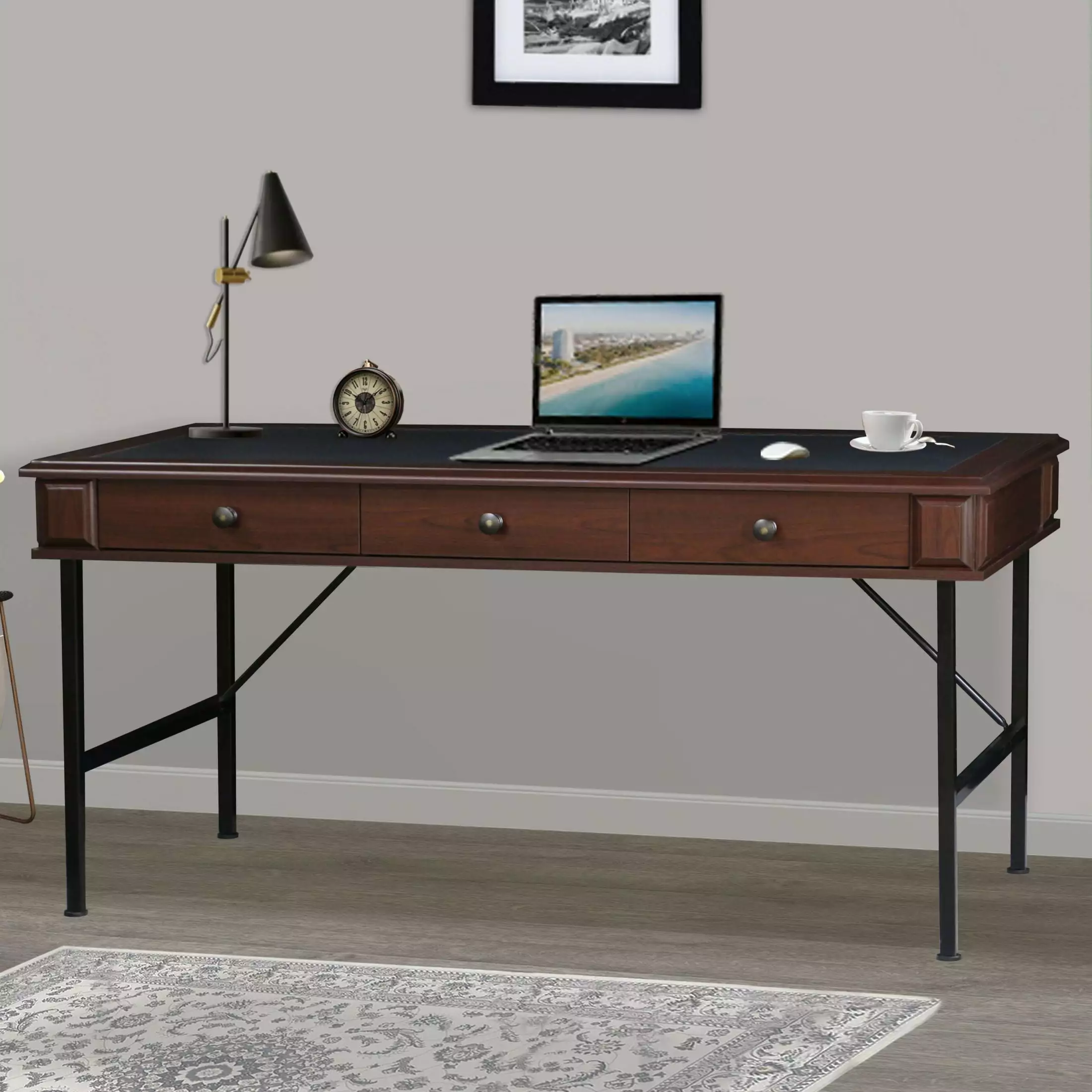 63-Inch Writing Desk - Chic Cherry and Black Dual-Tone Office Desk Storage Drawers SMHZ