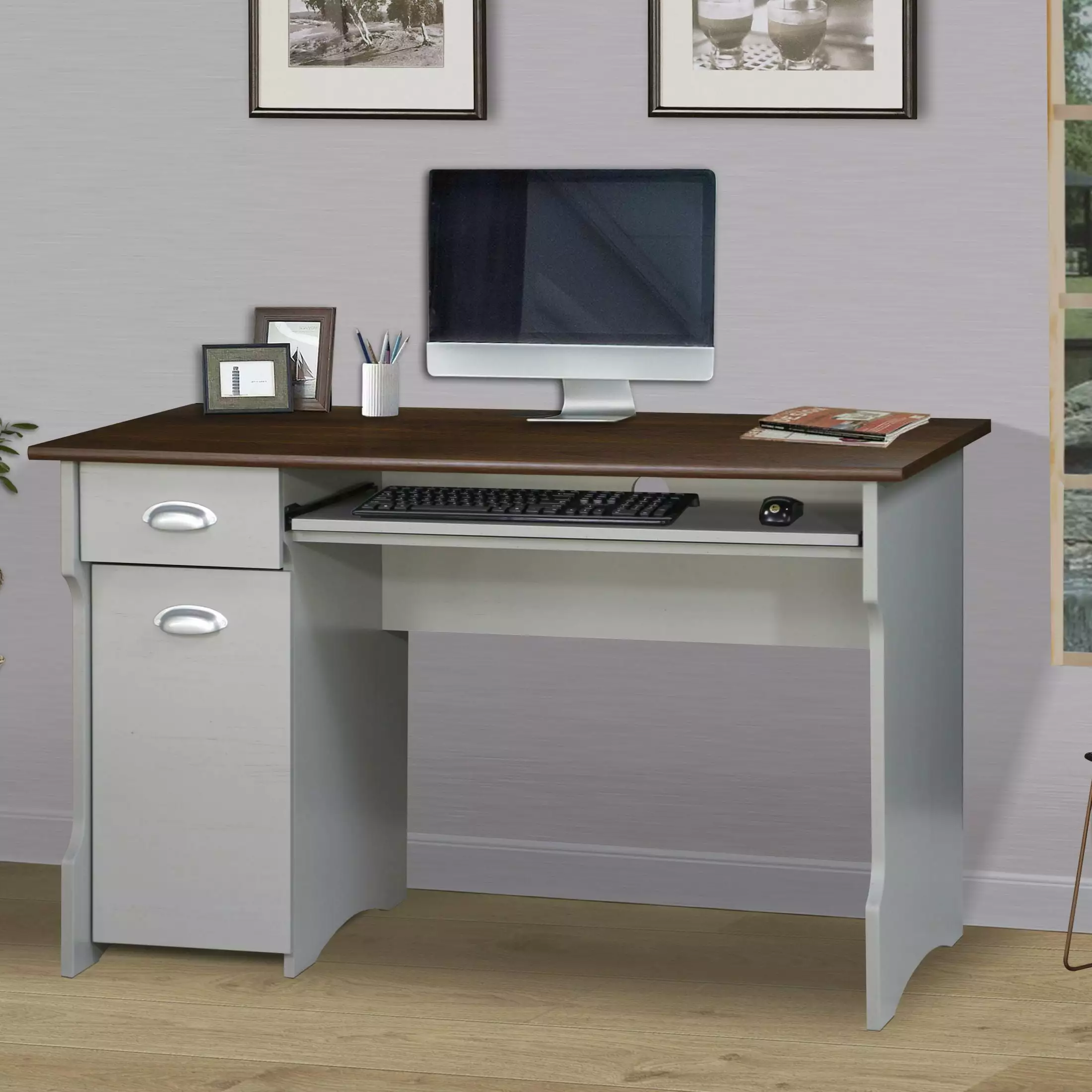 47 Inch Elegant Two-Tone Writing Desk Storage Contemporary Gray and Rosewood Finish Home Office Workstation SMHZ