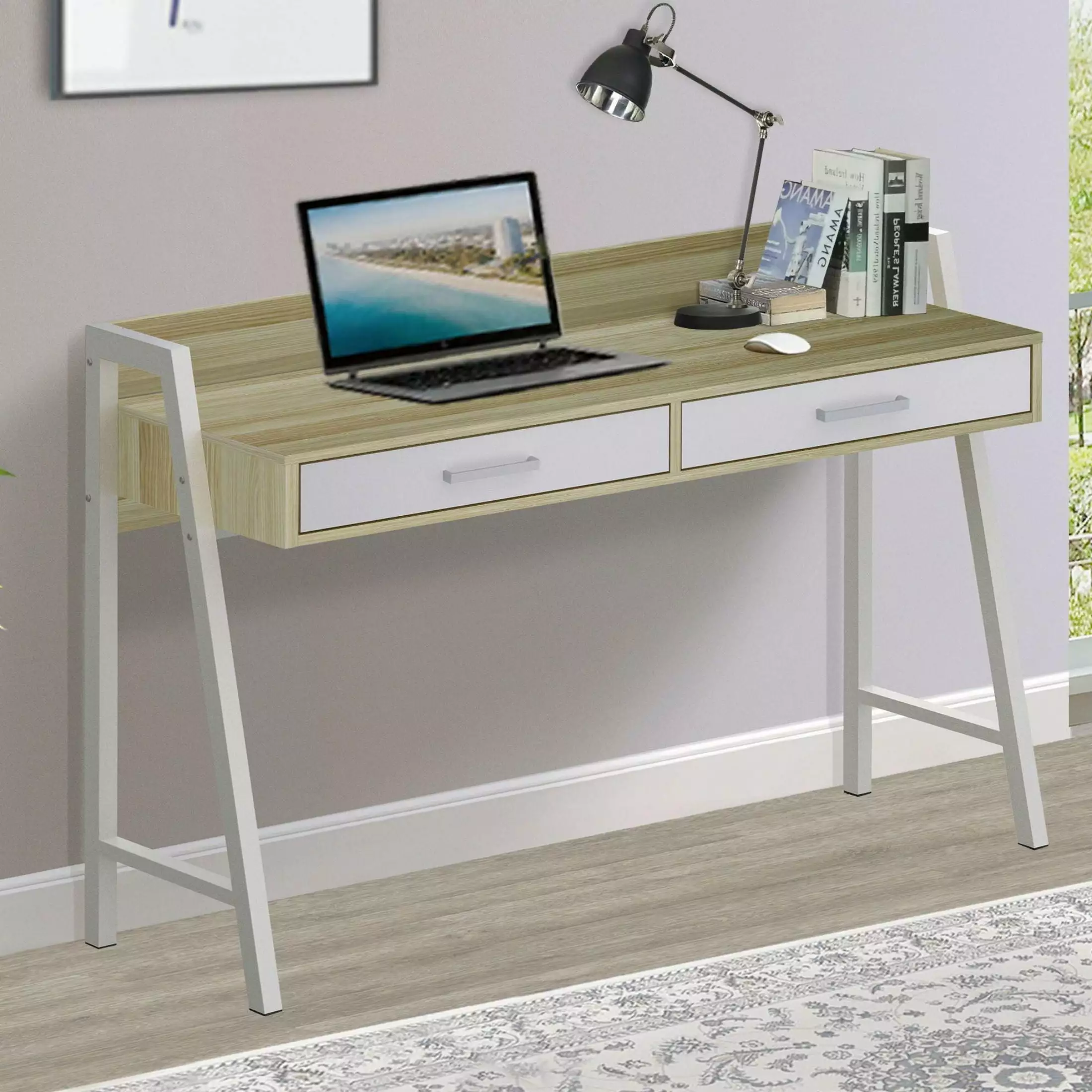 47 Inch Writing Desk 2 Drawers Sleek Two-Tone Nature White Finish Home Office Study Desk Cable Management SMHZ