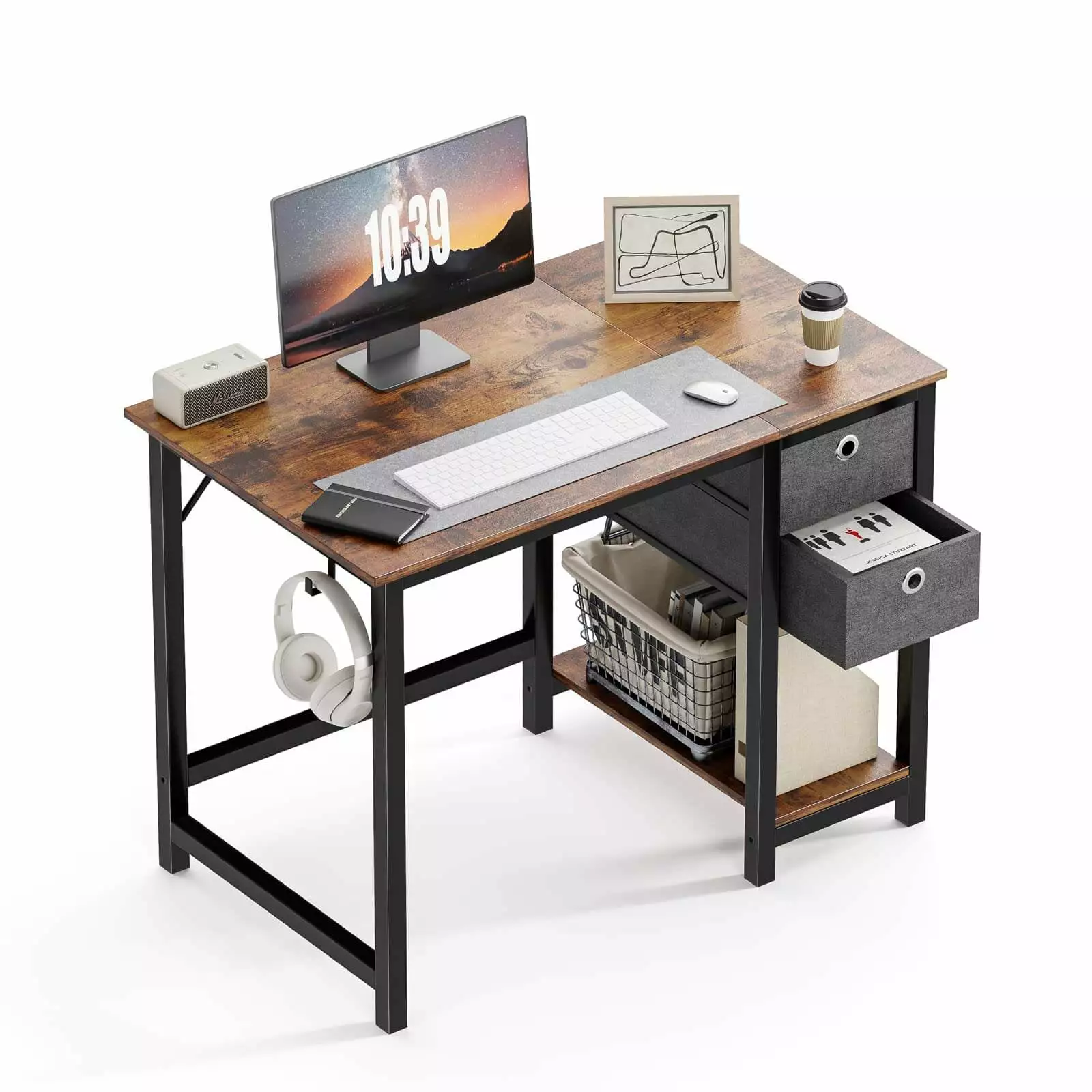 Modern Simple Style Home Office Writing Desk 2-Tier Drawers Storage - 47 Inch Vintage Rustic Desk SMHZ