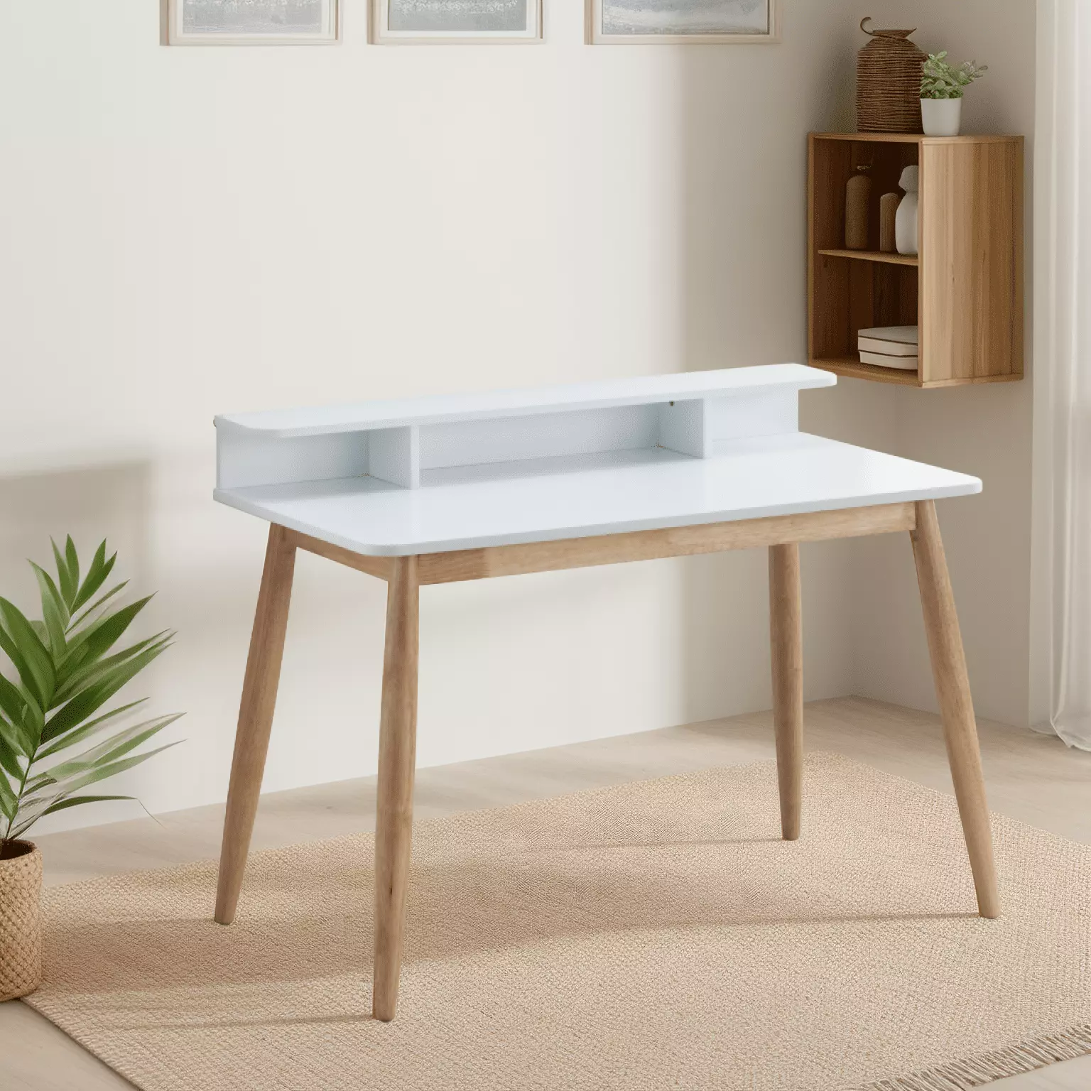 Roskilde White Mid-Century Modern Wood Writing Desk Hutch SMHZ