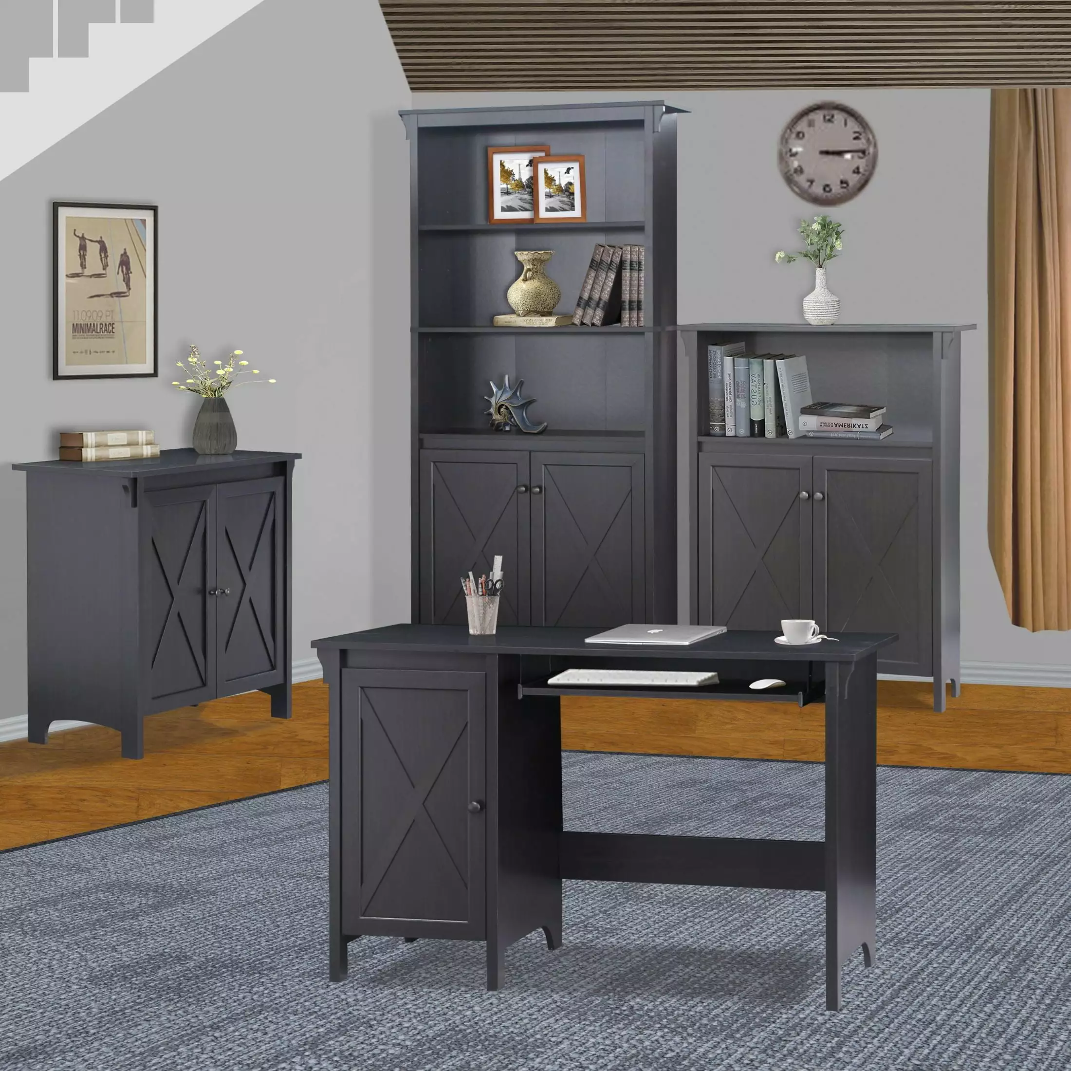 47 Writing Desk Chic Espresso Keyboard Tray and Adjustable Shelf Cabinet SMHZ