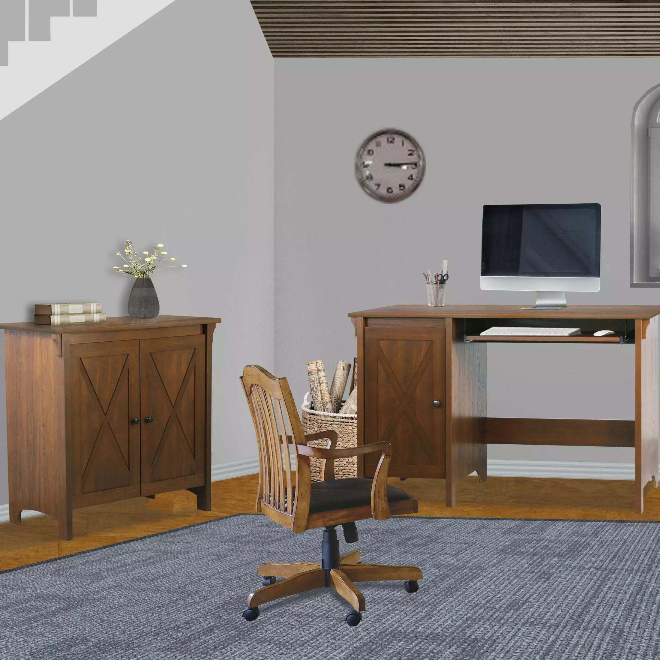 47 Writing Desk Classic Cherry-Finished Adjustable Storage Shelves and Keyboard Tray SMHZ