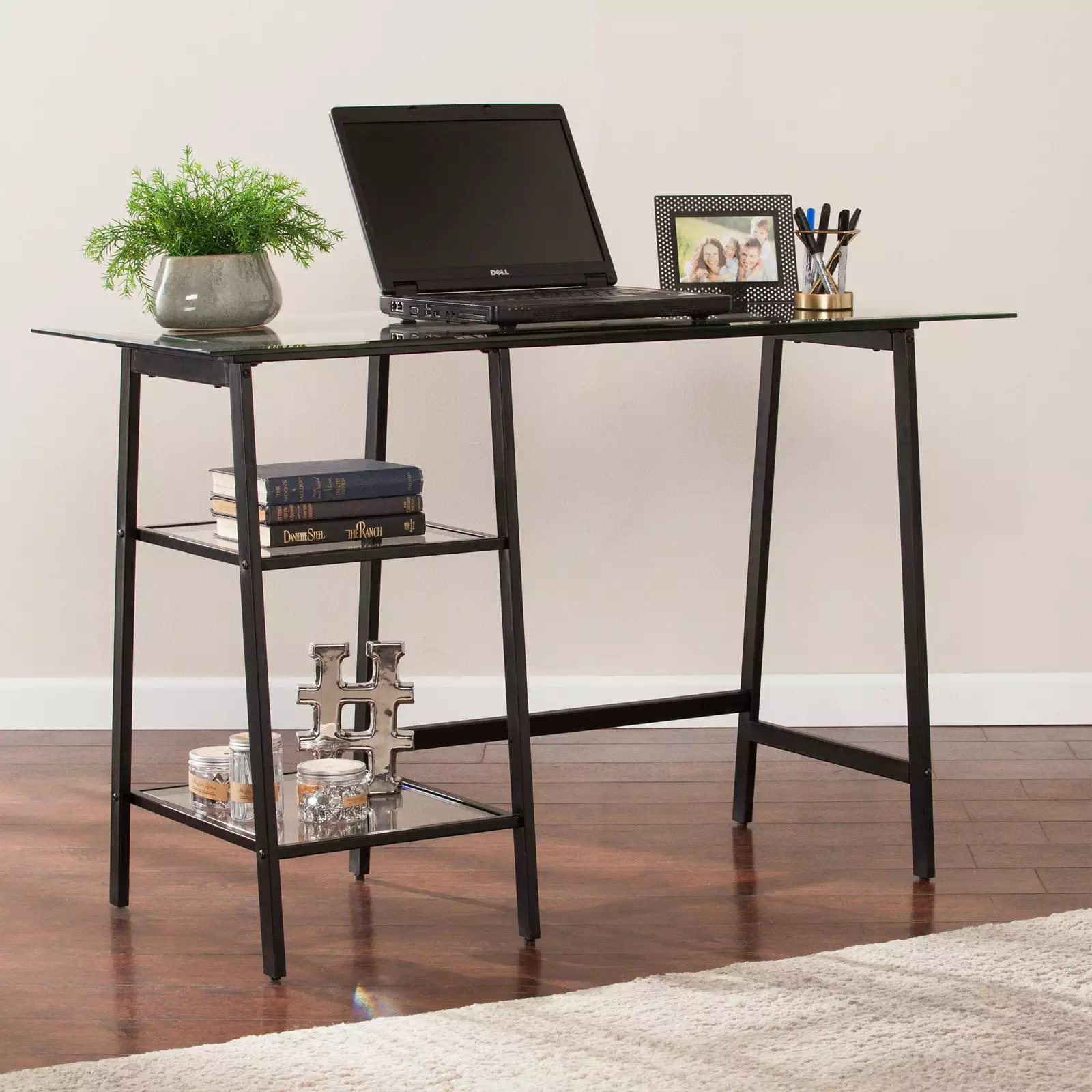 SEI Furniture Avery Glass Top Metal Writing Desk Black Southern Enterprises