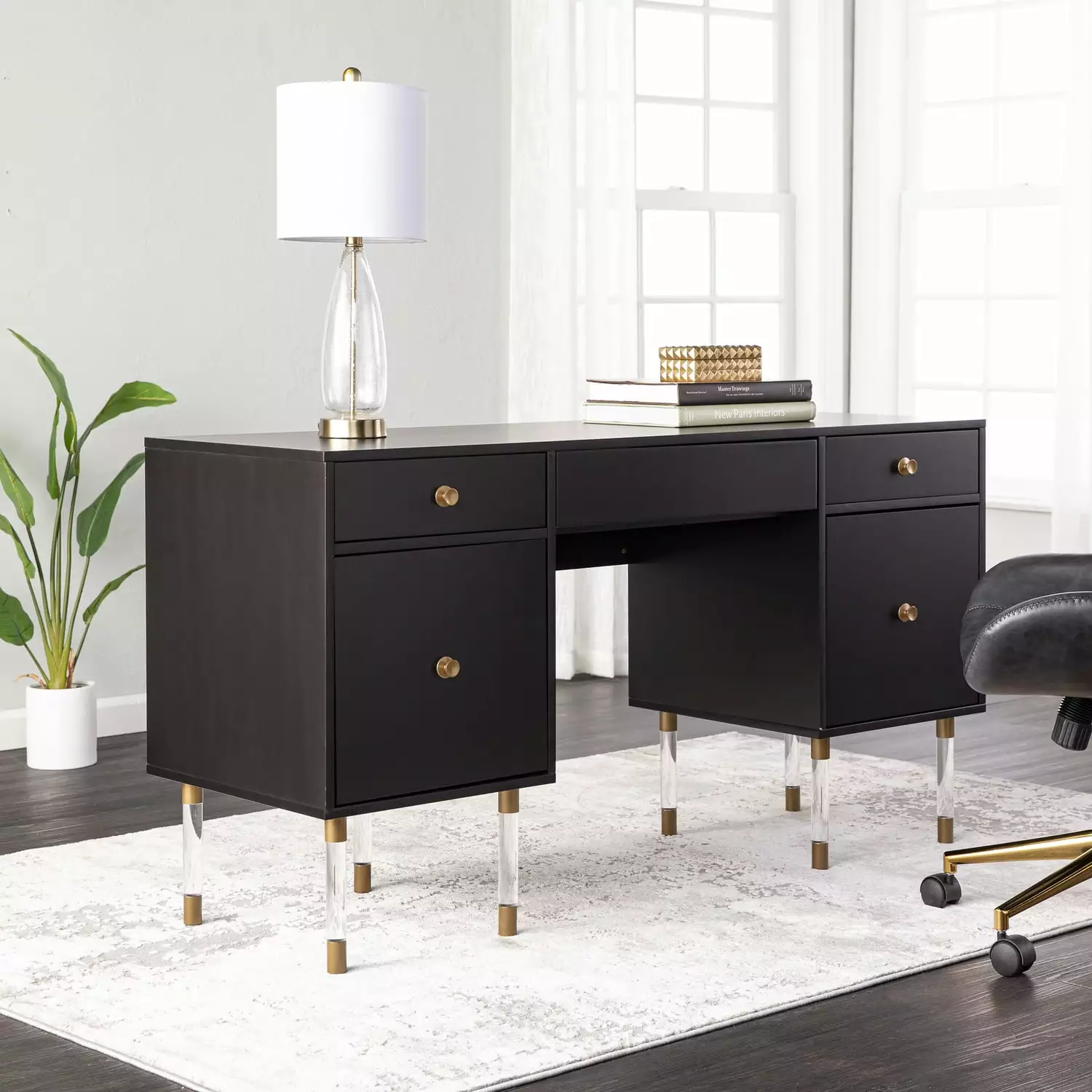 SEI Furniture Helston Engineered Wood Writing Desk Black Gold Finish Southern Enterprises