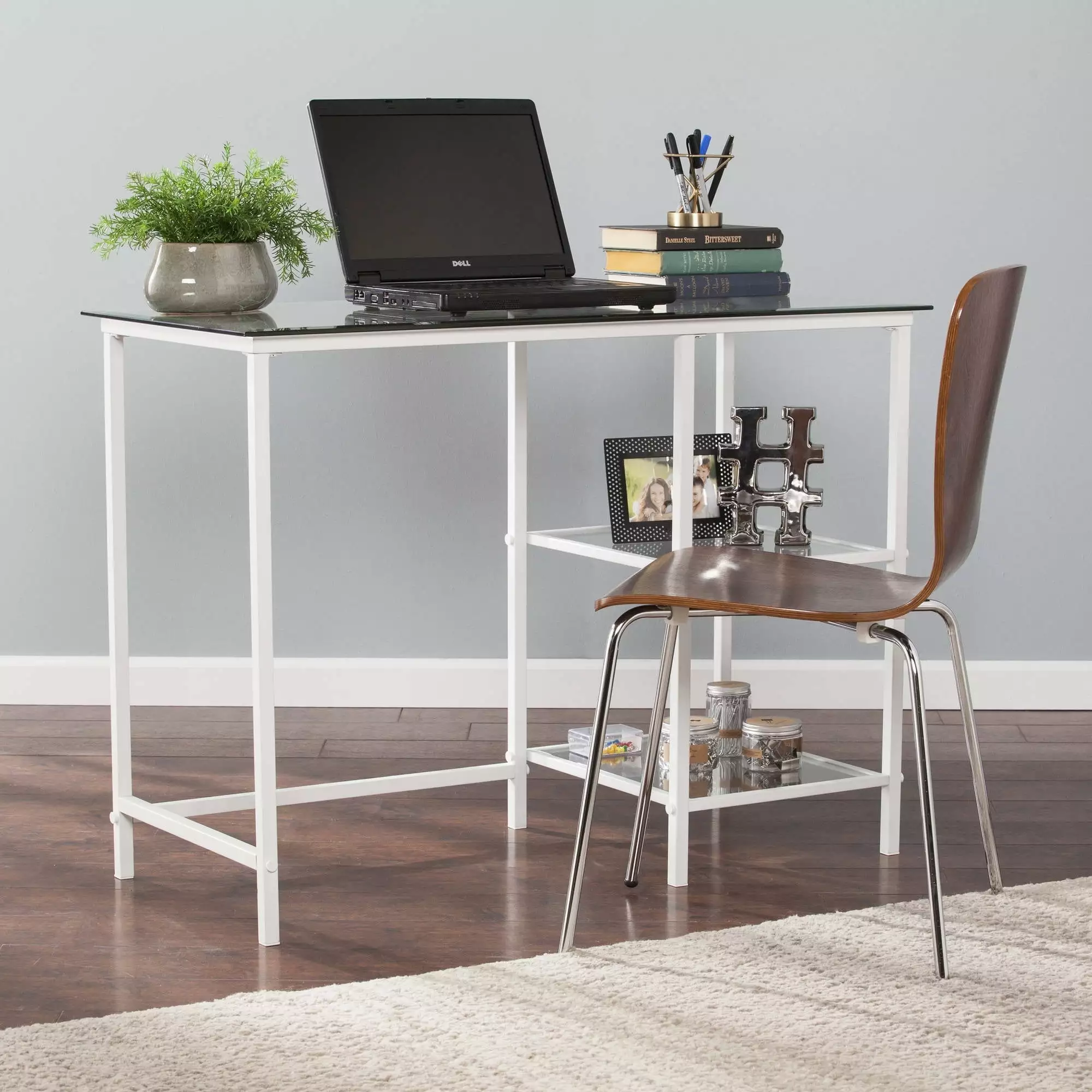 Southern Enterprises Laykin White Metal and Glass Student Desk
