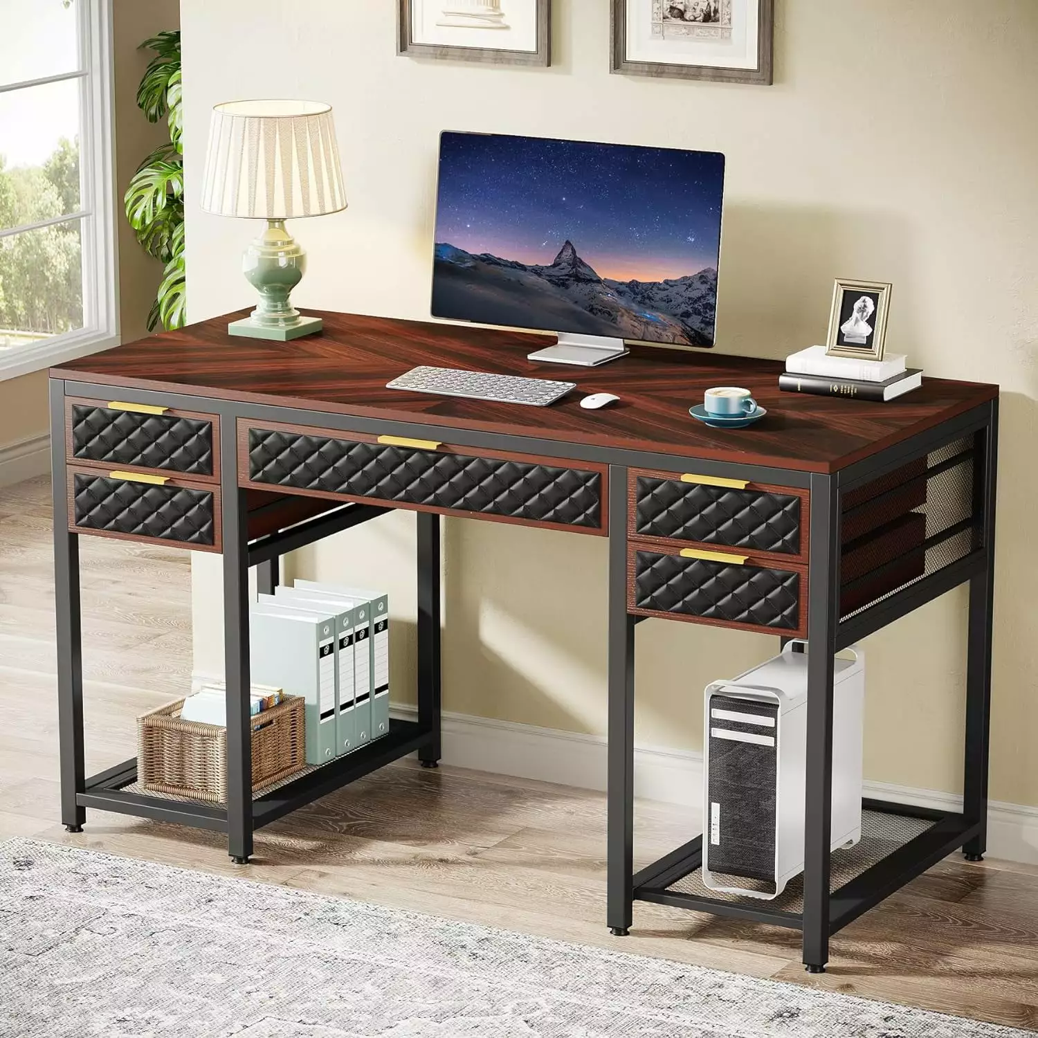 47 Inch Computer Desk 5 Drawers and Storage Shelves Walnut Brown Sunflower
