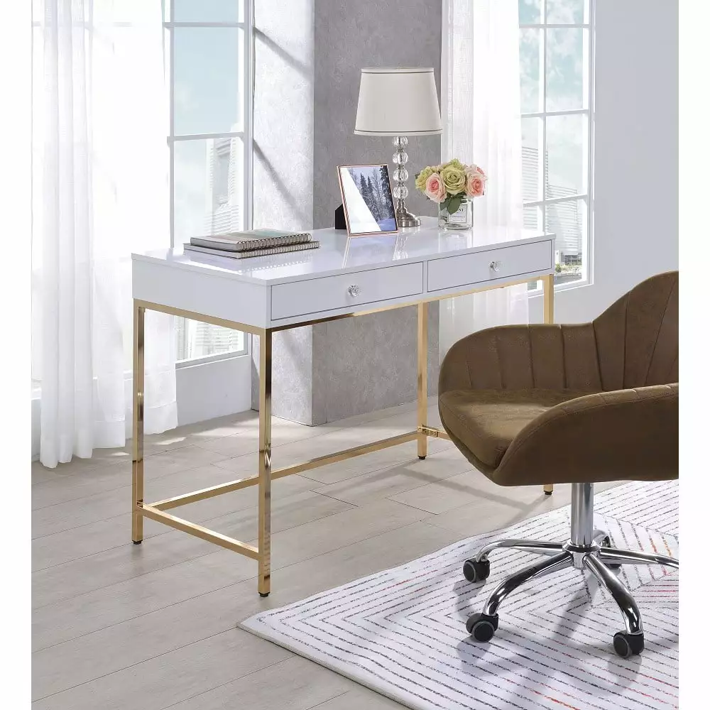 Ottey Desk White High Gloss Gold 92540 Modern Home Office Tcbosik