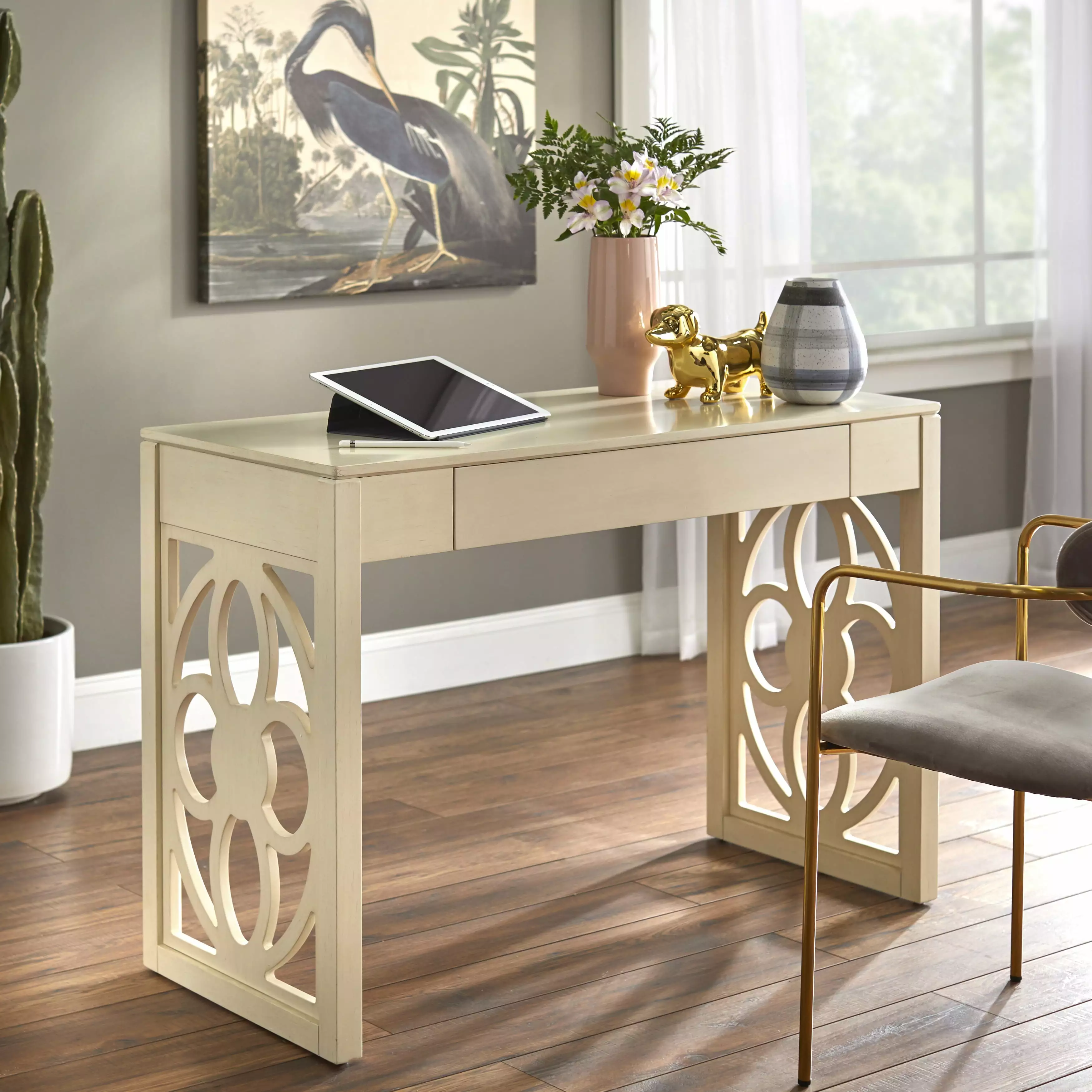 TMS Allegory Adult Glam Rectangle Portable Writing Desk Storage Antique White