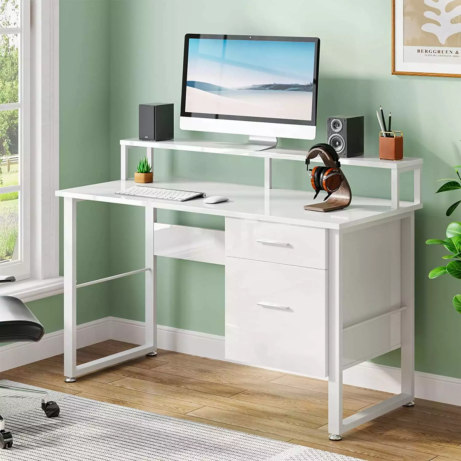 Tribesigns Modern Writing Desk Hutch 47 Inch Computer Desk 2 Drawers