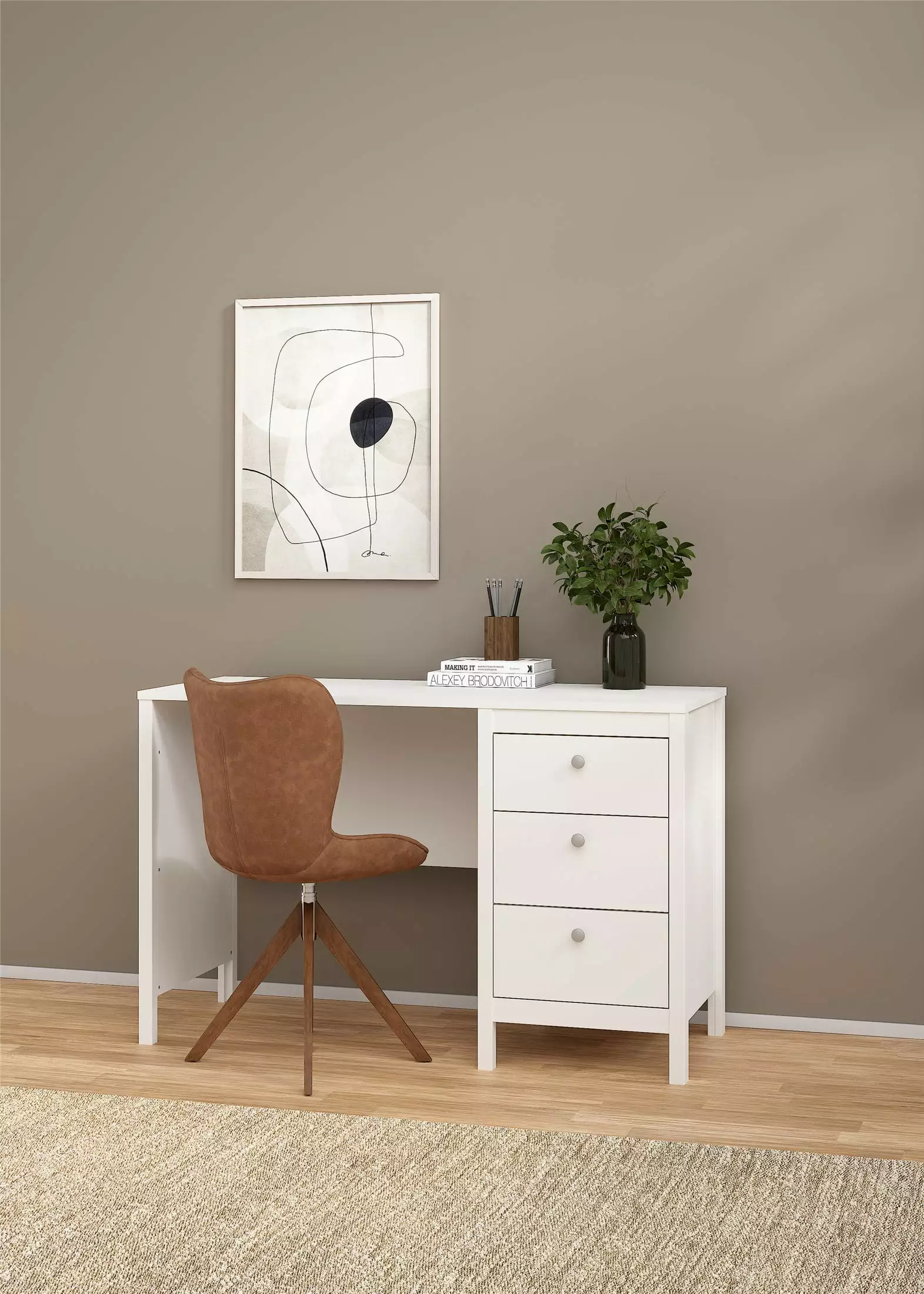 Madrid Collection White 3 Drawer Desk Compact Office Writing Table Tvilum