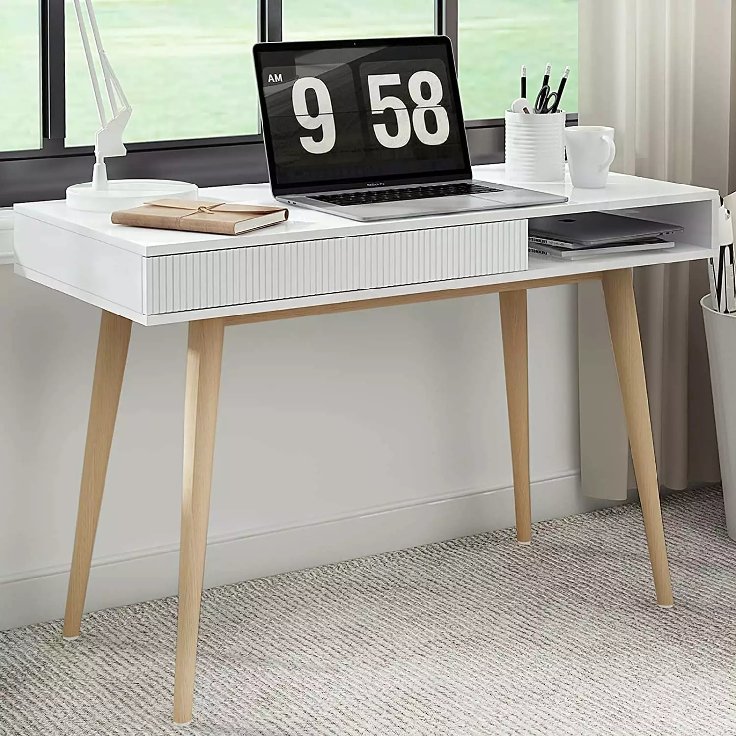White Writing Desk Drawer Mid Century Modern Desk. Small Wooden Home Office Desk Table Simple Computer Desk Small Places. ...