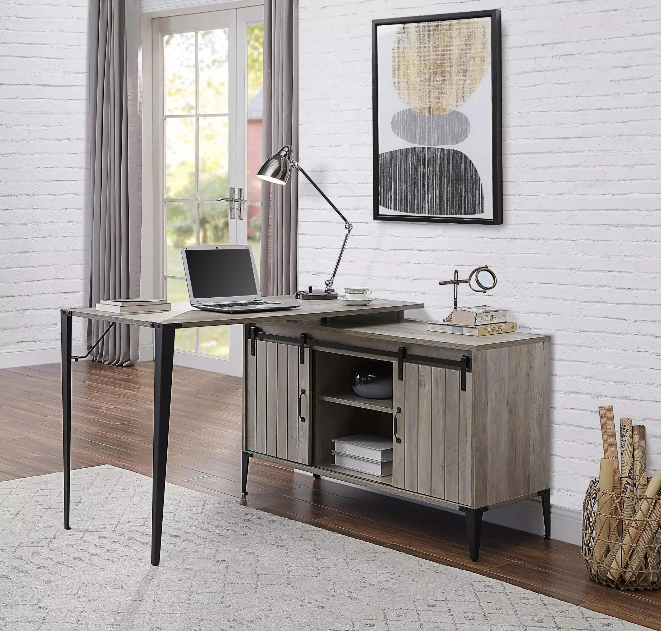 Zakwani Writing Desk Gray Oak and Black Finish Modern Style unknown