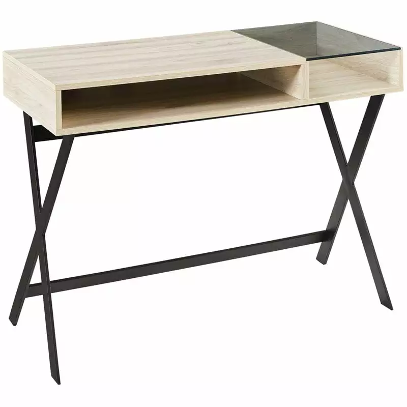 Walker Edison Drew Modern Industrial Glass-Top Metal X-Leg Writing Desk - 42 Inch Birch