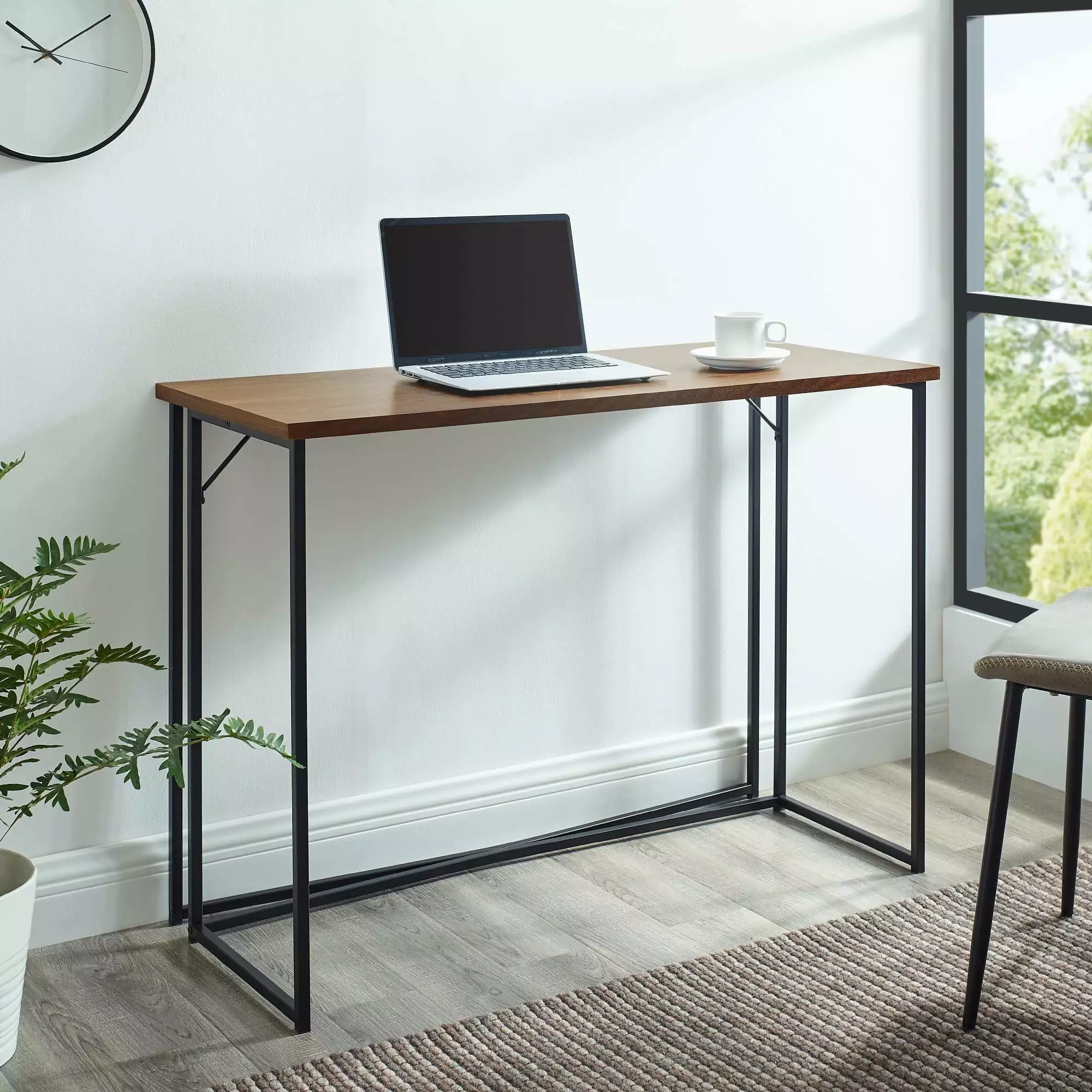 Walker Edison Luxe Engineered Wood Writing Desk Metal Y-Leg Dark Walnut