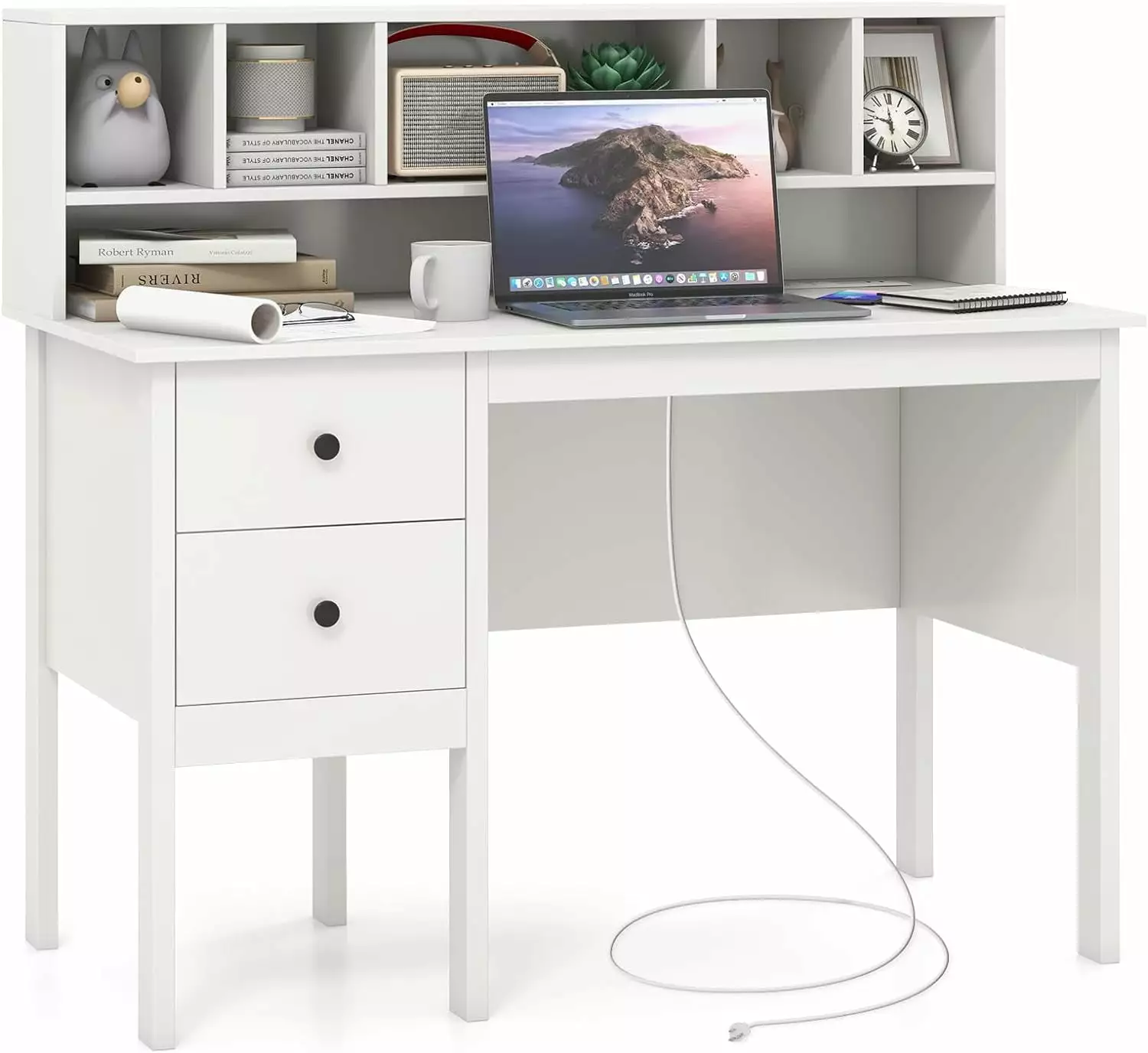 48 Inch Writing Desk USB Charging Ports, Power Outlets, and 5-Cubby Hutch YTGFREW