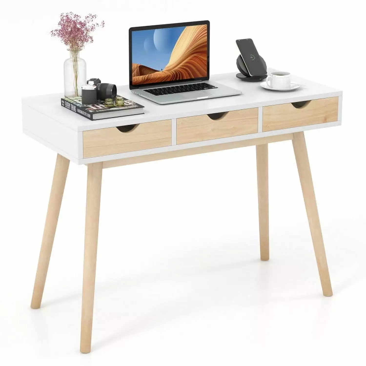 YYAo Writing Desk 3 Drawers and Solid Rubber Wood Legs Home Office Computer Desk