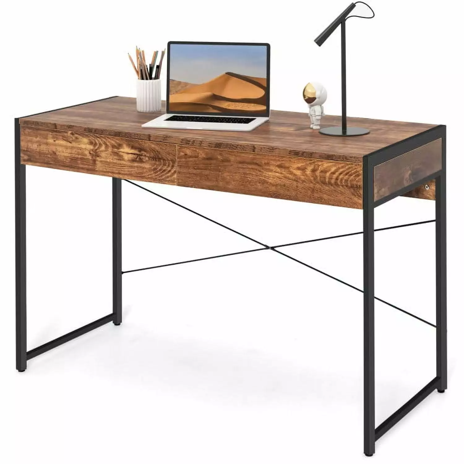 YYAo Writing Desk Home Computer Desk 2-Drawer Home Office Desk Steel Frame Brown