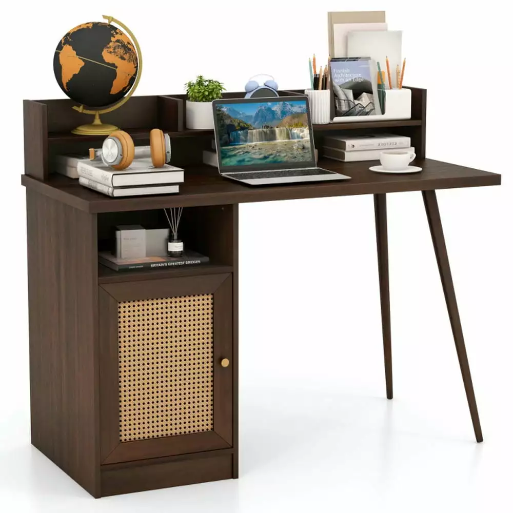 YYAo Writing Desk 48 Inch Computer Desk Hutch PE Rattan Cabinet Shelves Walnut