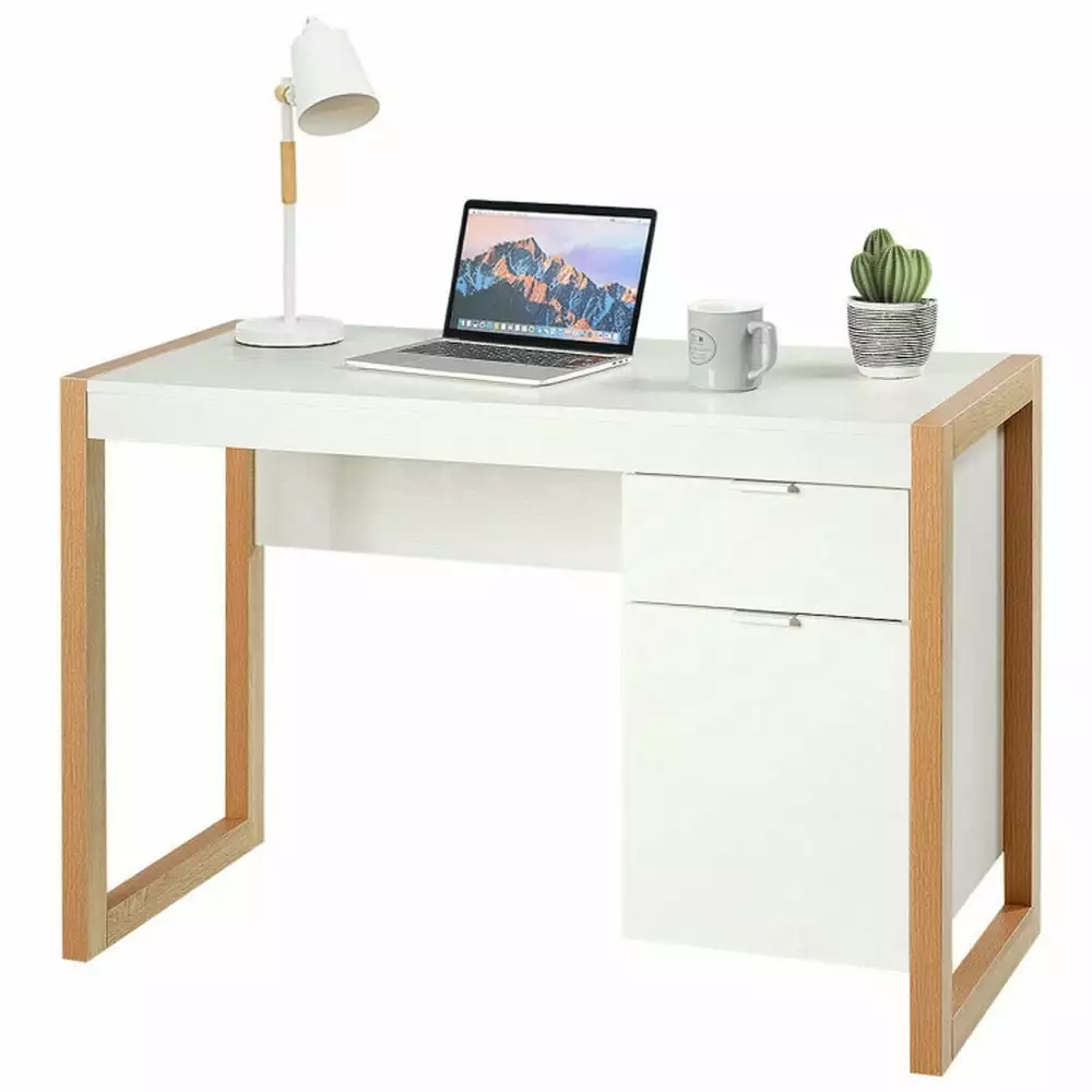 YYAo Writing Desk Modern Computer Desk Study Table Writing Workstation Cabinet and Drawer White